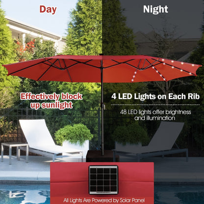 15 Feet Twin Patio Umbrella with 48 Solar LED Lights, Dark Red Outdoor Umbrellas   at Gallery Canada