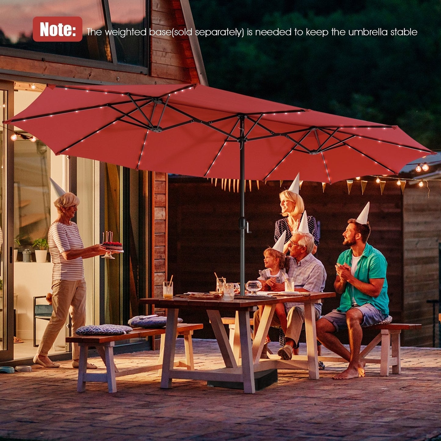 15 Feet Twin Patio Umbrella with 48 Solar LED Lights, Dark Red Outdoor Umbrellas   at Gallery Canada