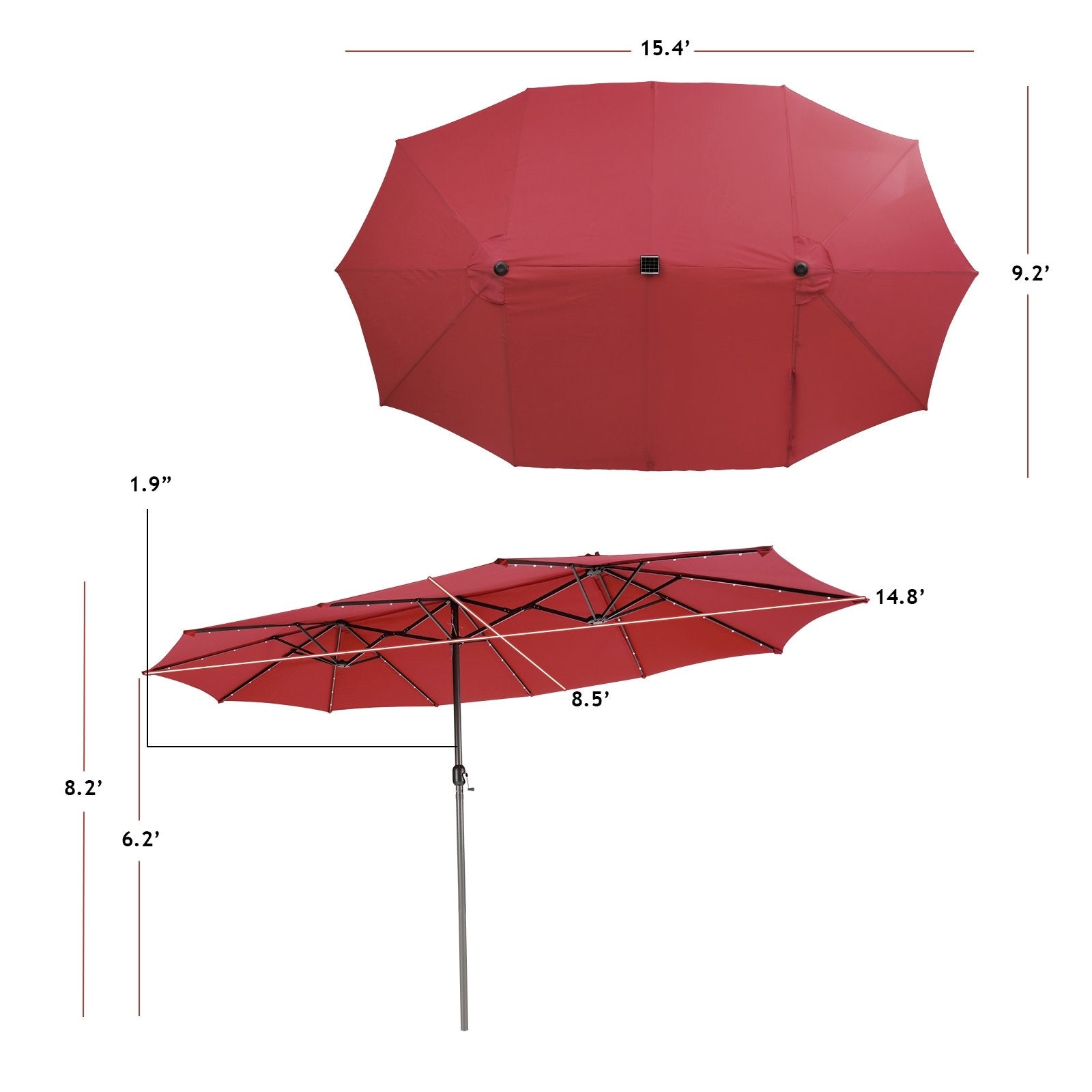 15 Feet Twin Patio Umbrella with 48 Solar LED Lights, Dark Red Outdoor Umbrellas   at Gallery Canada