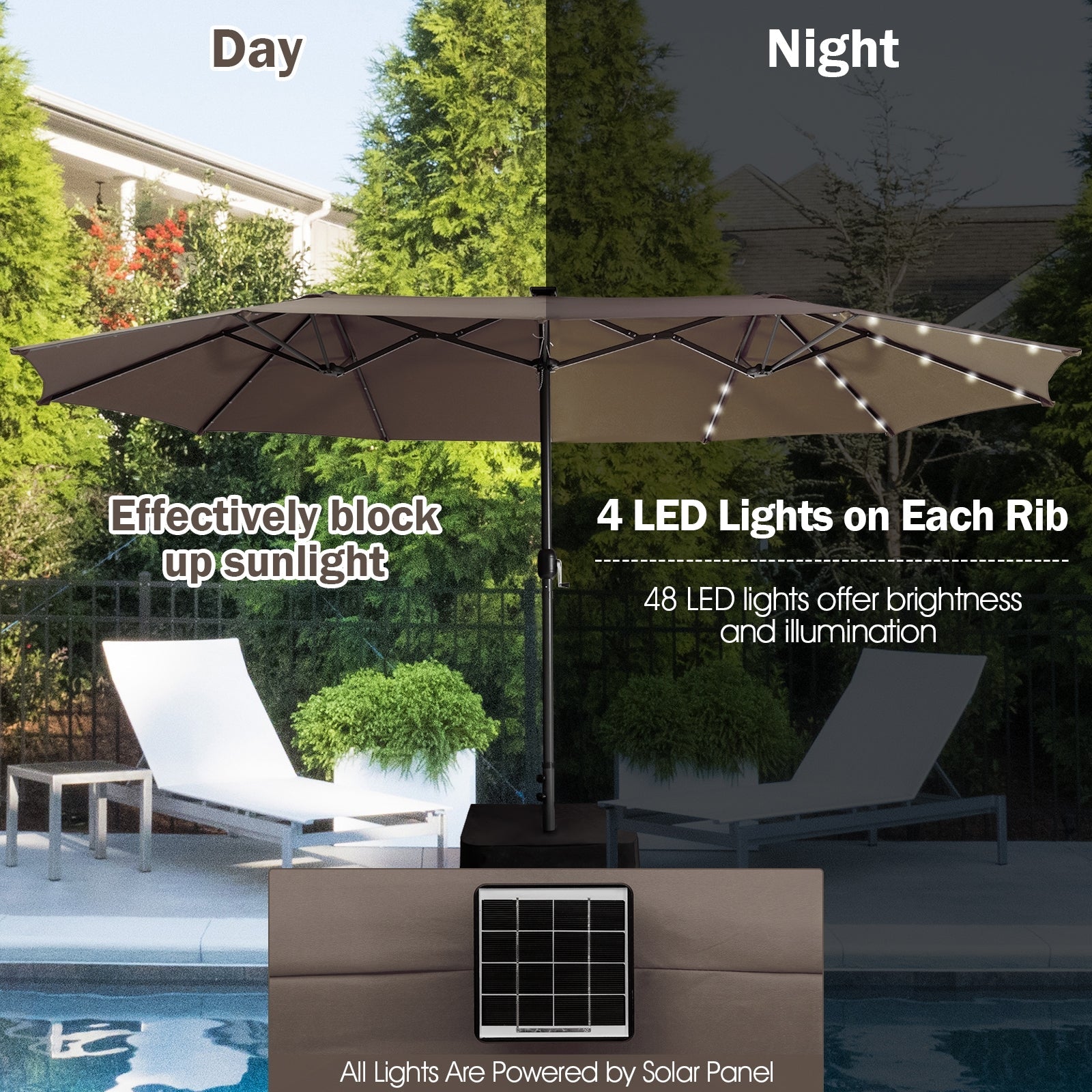 15 Feet Twin Patio Umbrella with 48 Solar LED Lights, Light Brown Outdoor Umbrellas   at Gallery Canada