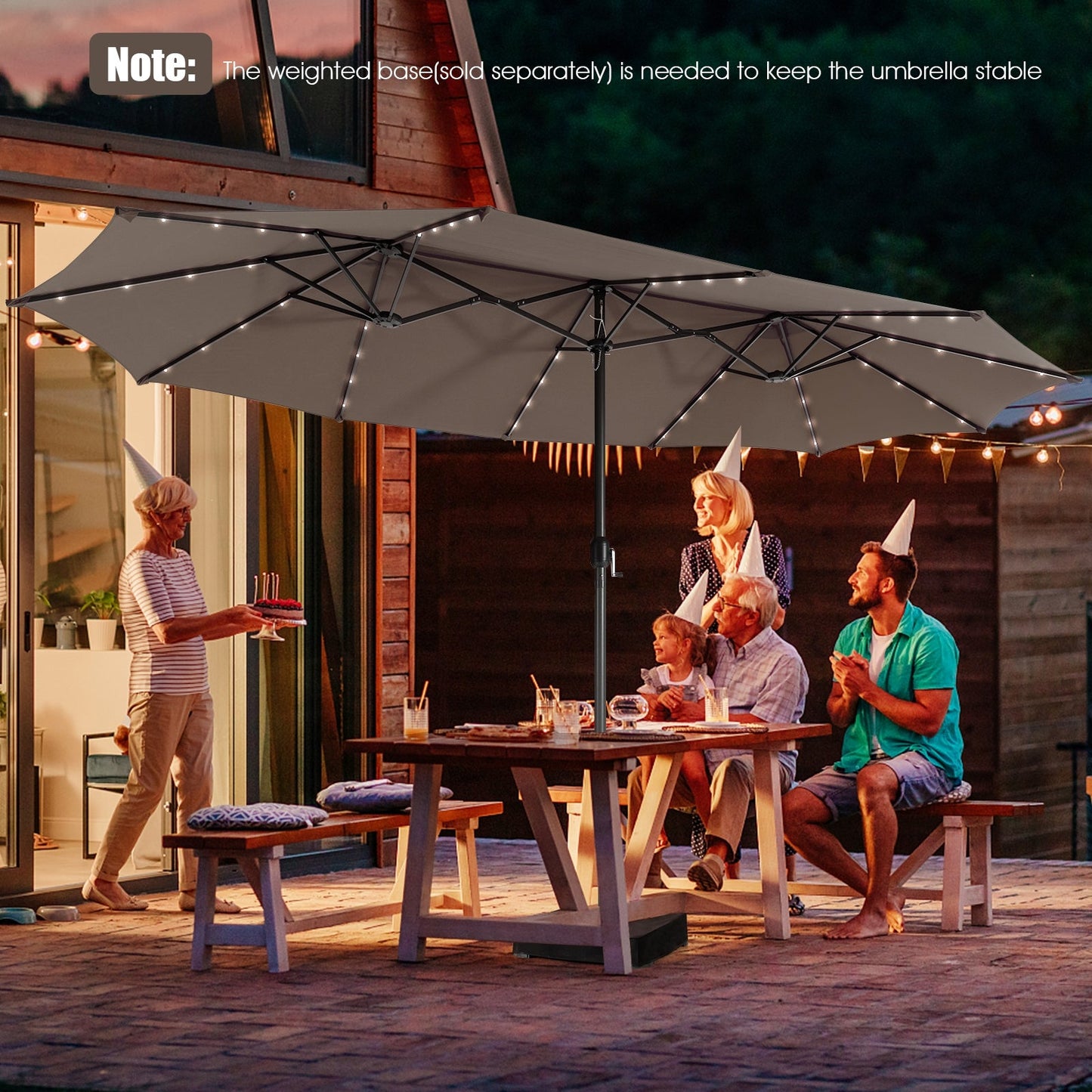 15 Feet Twin Patio Umbrella with 48 Solar LED Lights, Light Brown Outdoor Umbrellas   at Gallery Canada