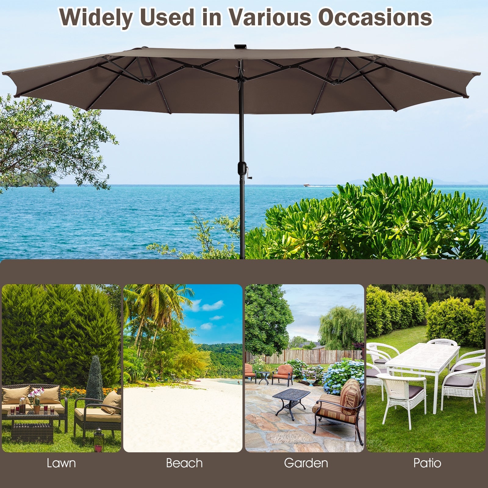 15 Feet Twin Patio Umbrella with 48 Solar LED Lights, Light Brown Outdoor Umbrellas   at Gallery Canada