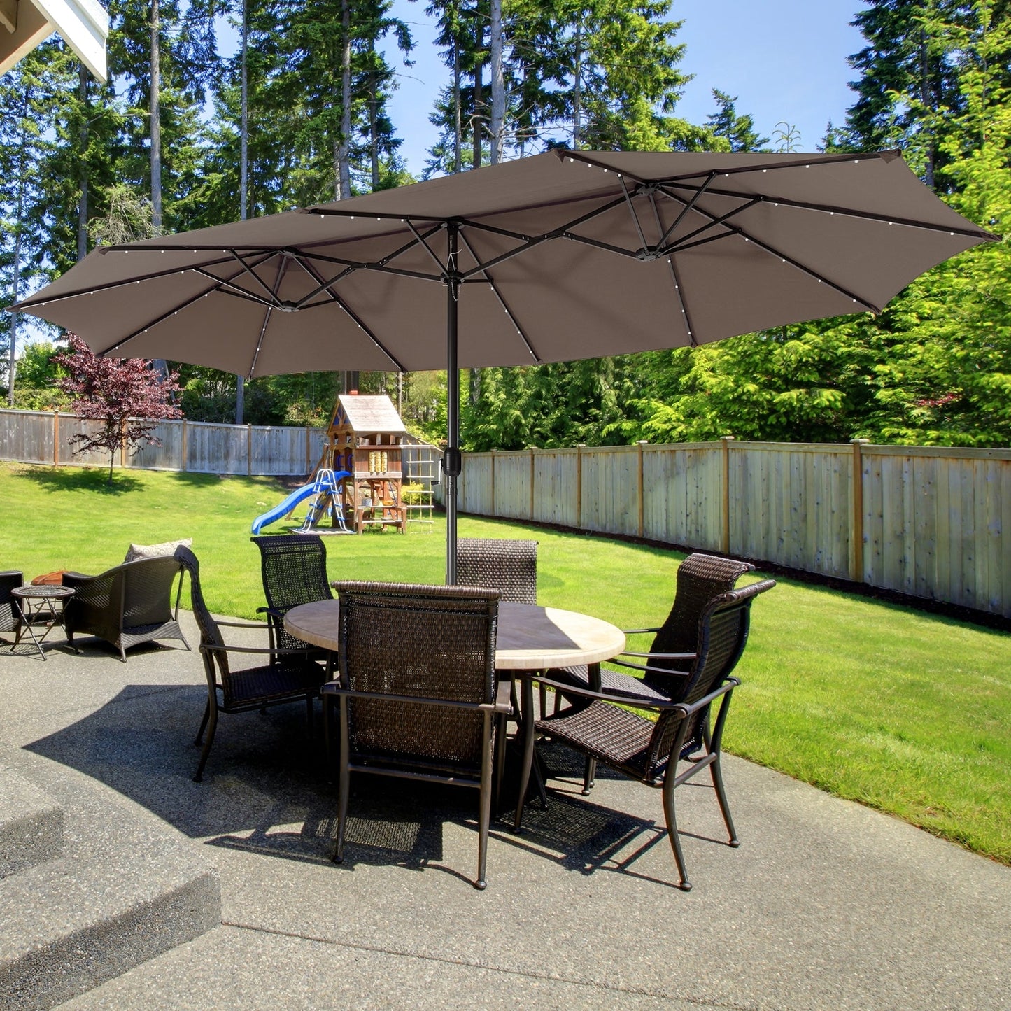 15 Feet Twin Patio Umbrella with 48 Solar LED Lights, Light Brown Outdoor Umbrellas   at Gallery Canada