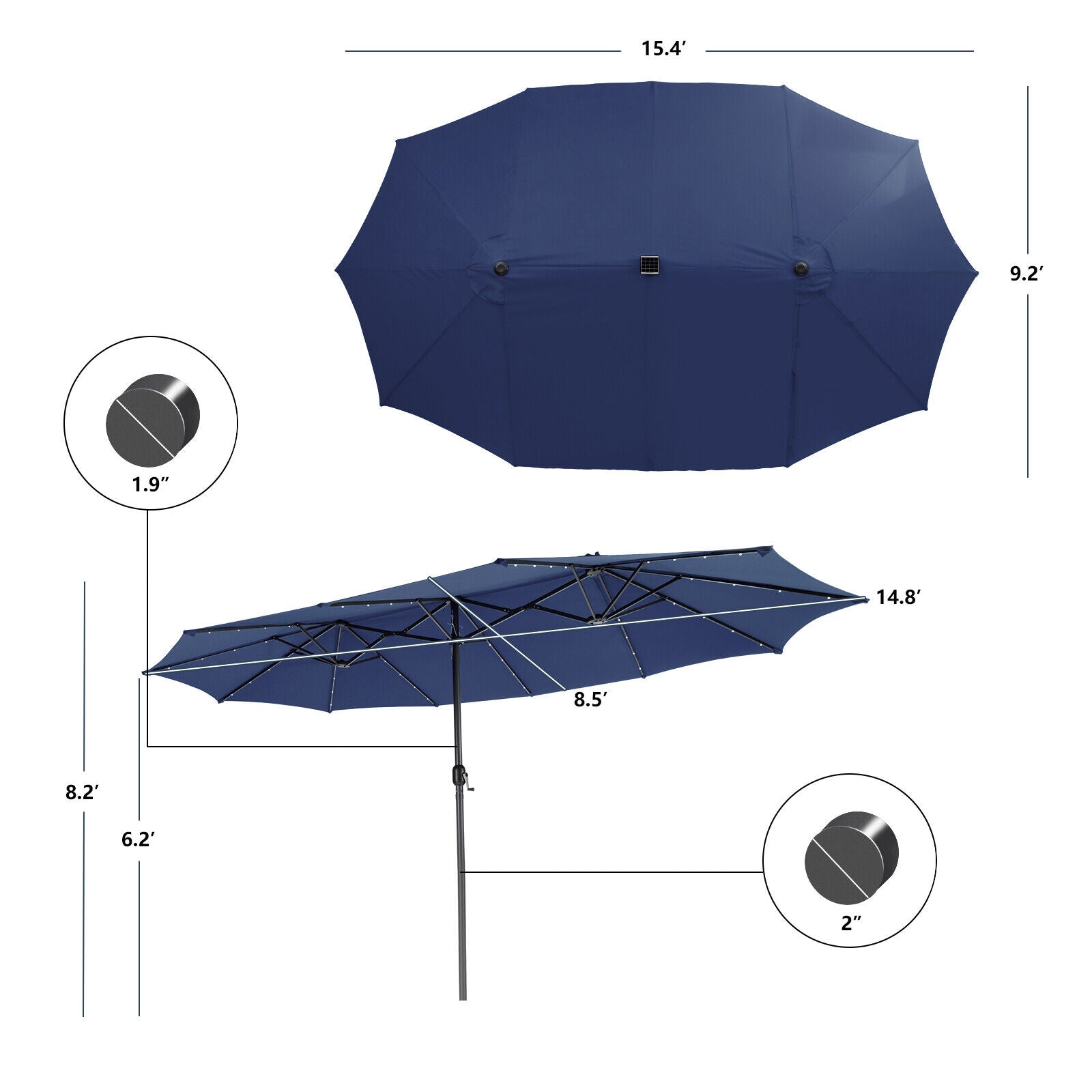 15 Feet Twin Patio Umbrella with 48 Solar LED Lights, Navy Outdoor Umbrellas   at Gallery Canada