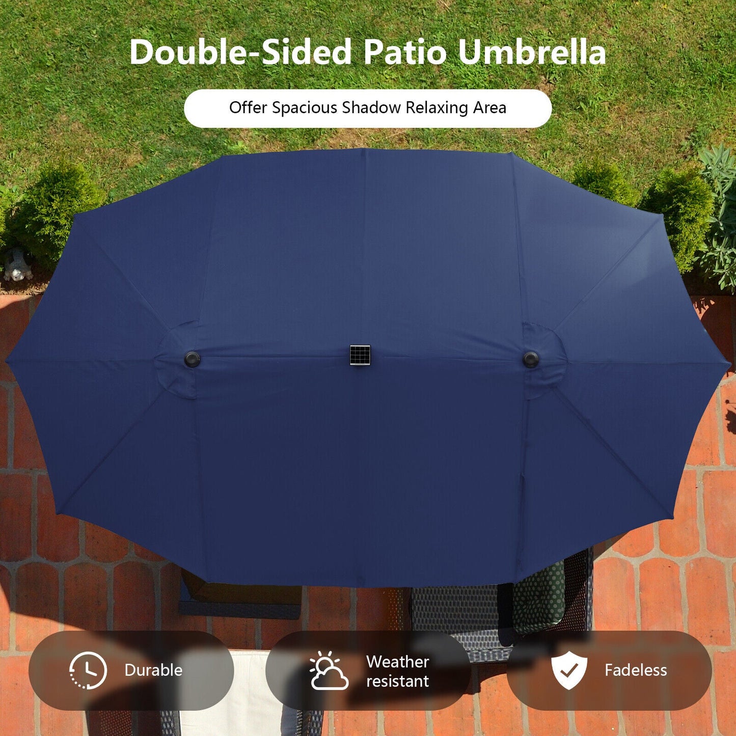 15 Feet Twin Patio Umbrella with 48 Solar LED Lights, Navy Outdoor Umbrellas   at Gallery Canada