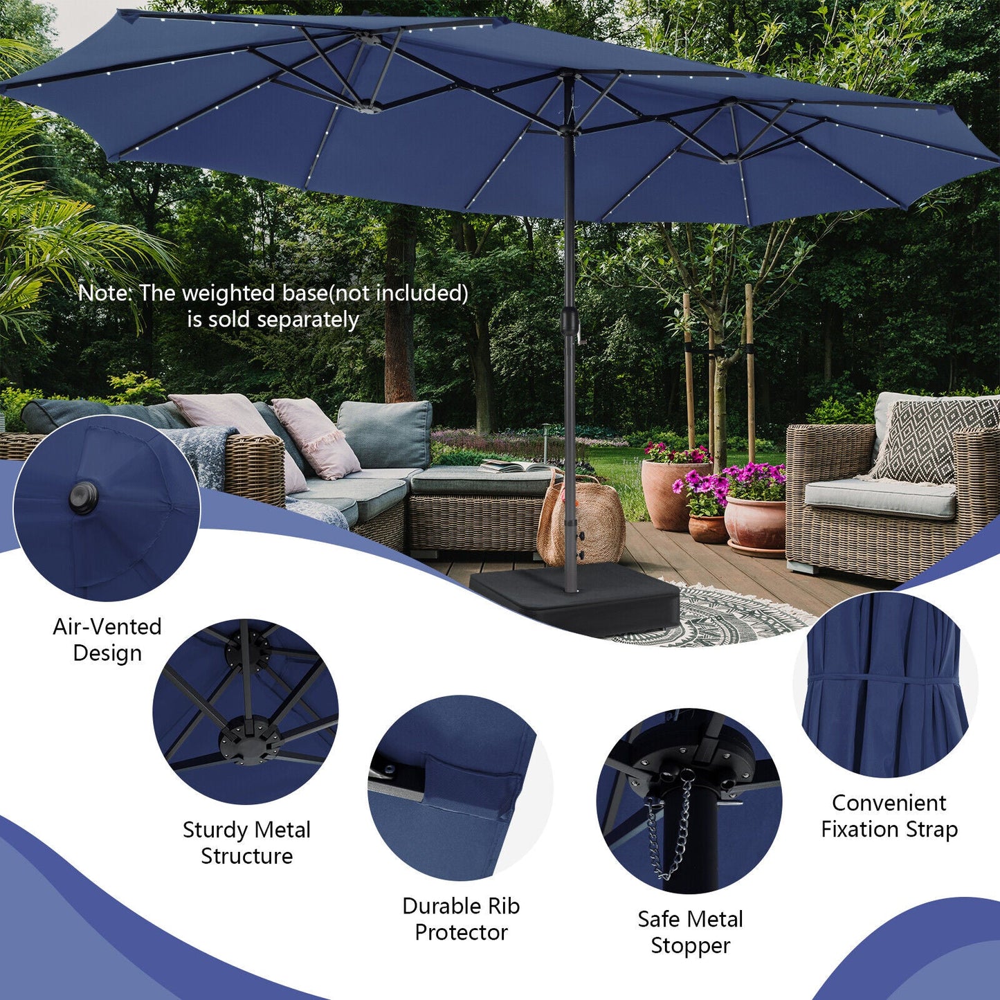 15 Feet Twin Patio Umbrella with 48 Solar LED Lights, Navy Outdoor Umbrellas   at Gallery Canada