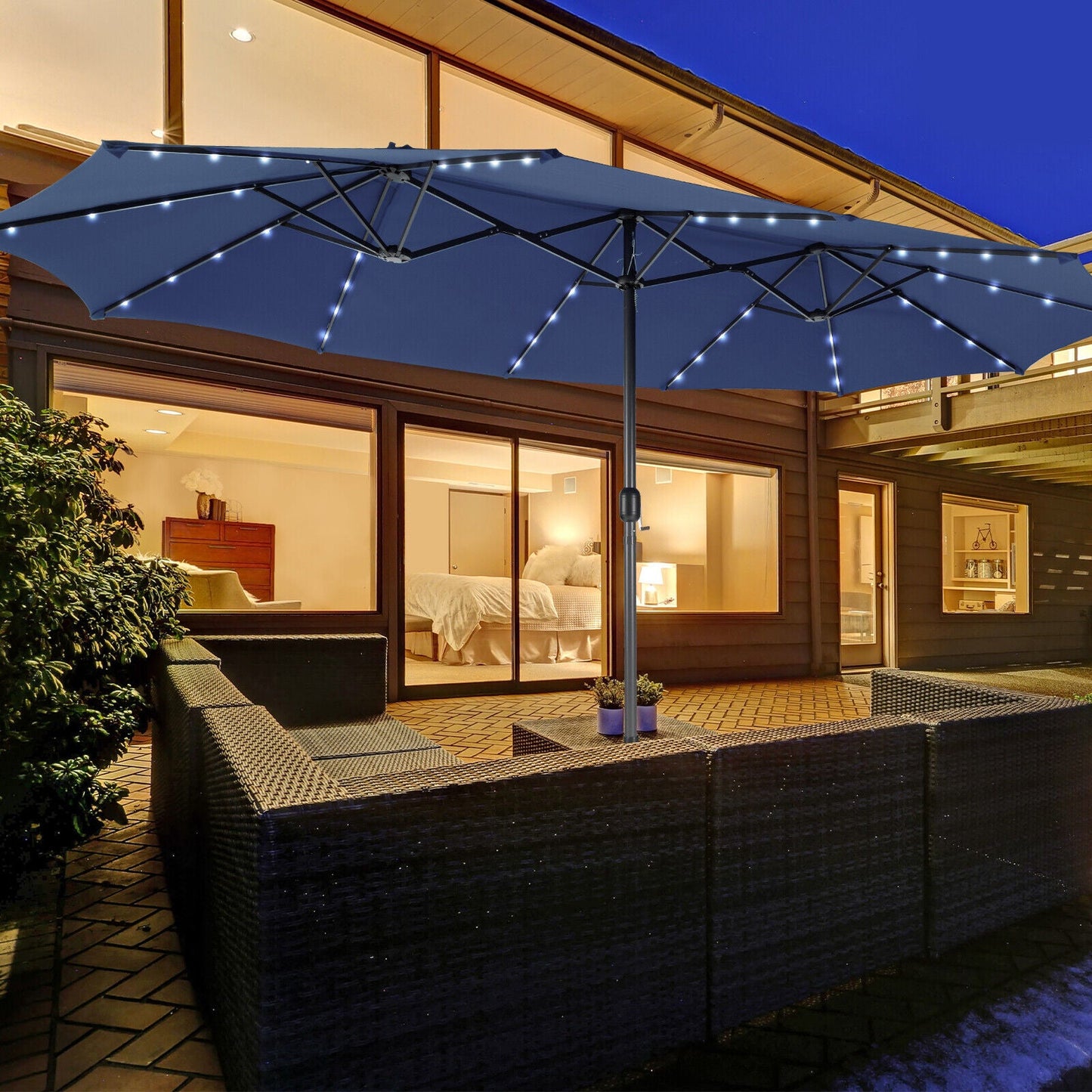 15 Feet Twin Patio Umbrella with 48 Solar LED Lights, Navy Outdoor Umbrellas   at Gallery Canada