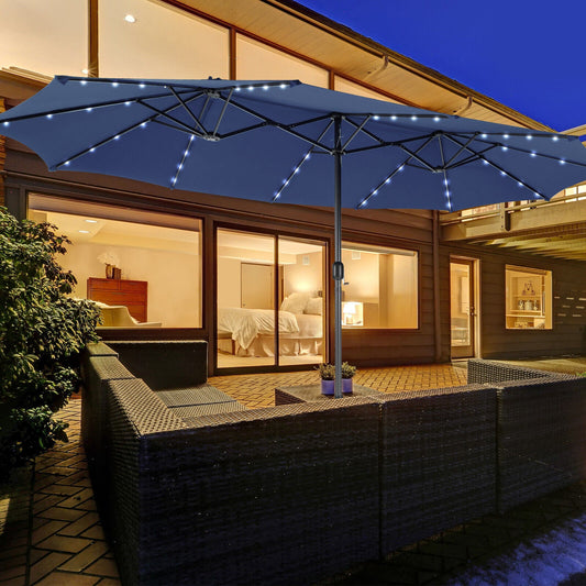 15 Feet Twin Patio Umbrella with 48 Solar LED Lights, Navy Outdoor Umbrellas Navy  at Gallery Canada