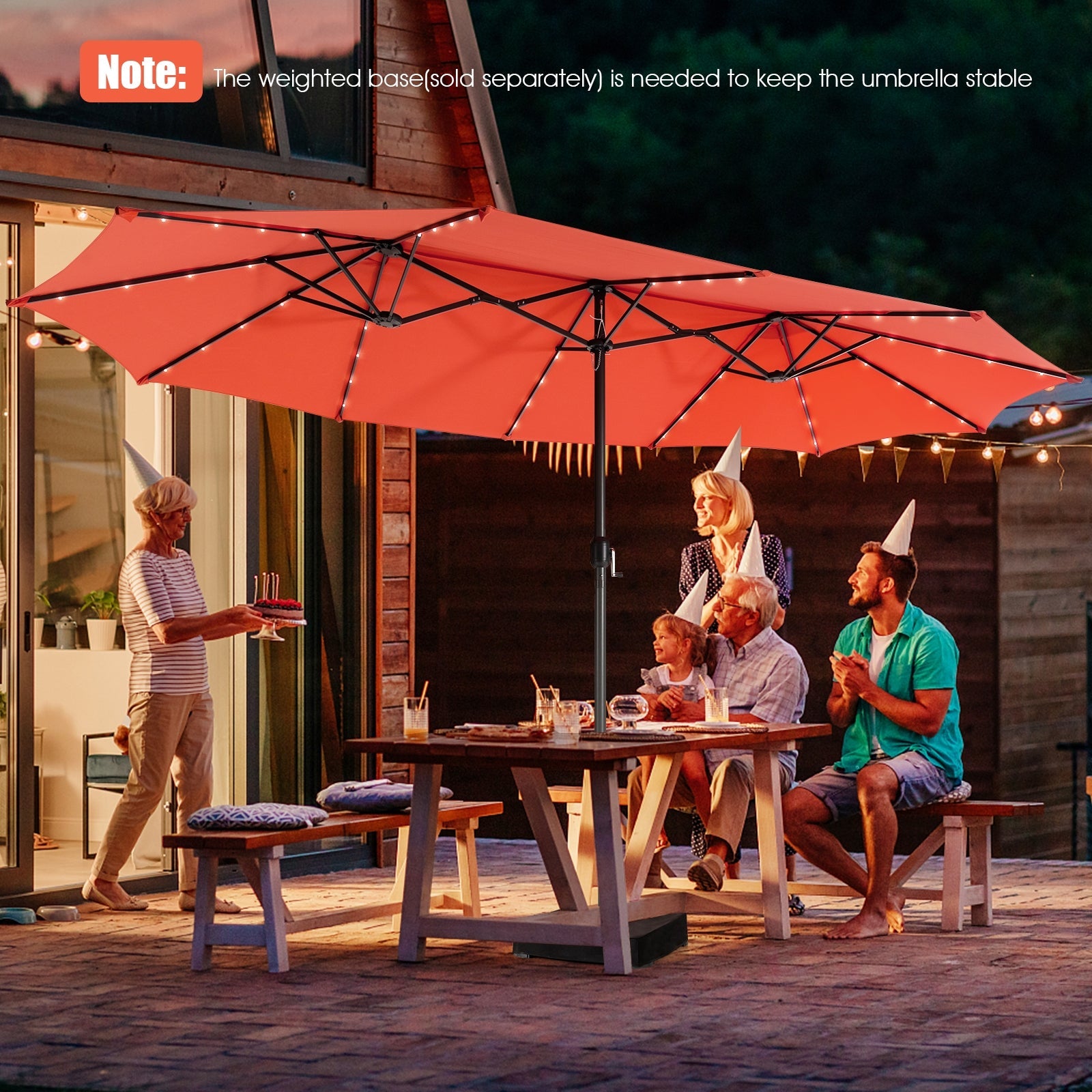 15 Feet Twin Patio Umbrella with 48 Solar LED Lights, Orange Outdoor Umbrellas   at Gallery Canada