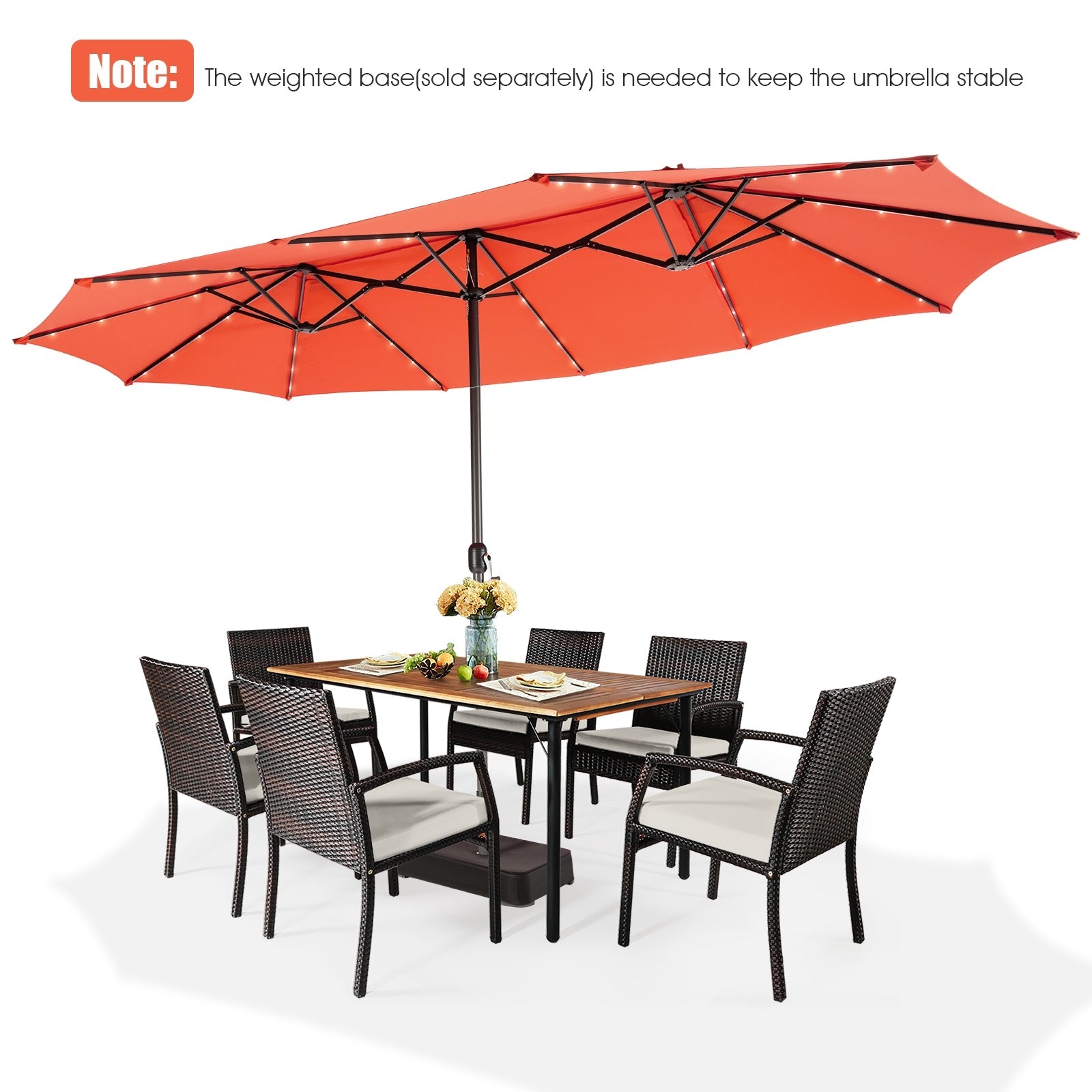 15 Feet Twin Patio Umbrella with 48 Solar LED Lights, Orange Outdoor Umbrellas   at Gallery Canada