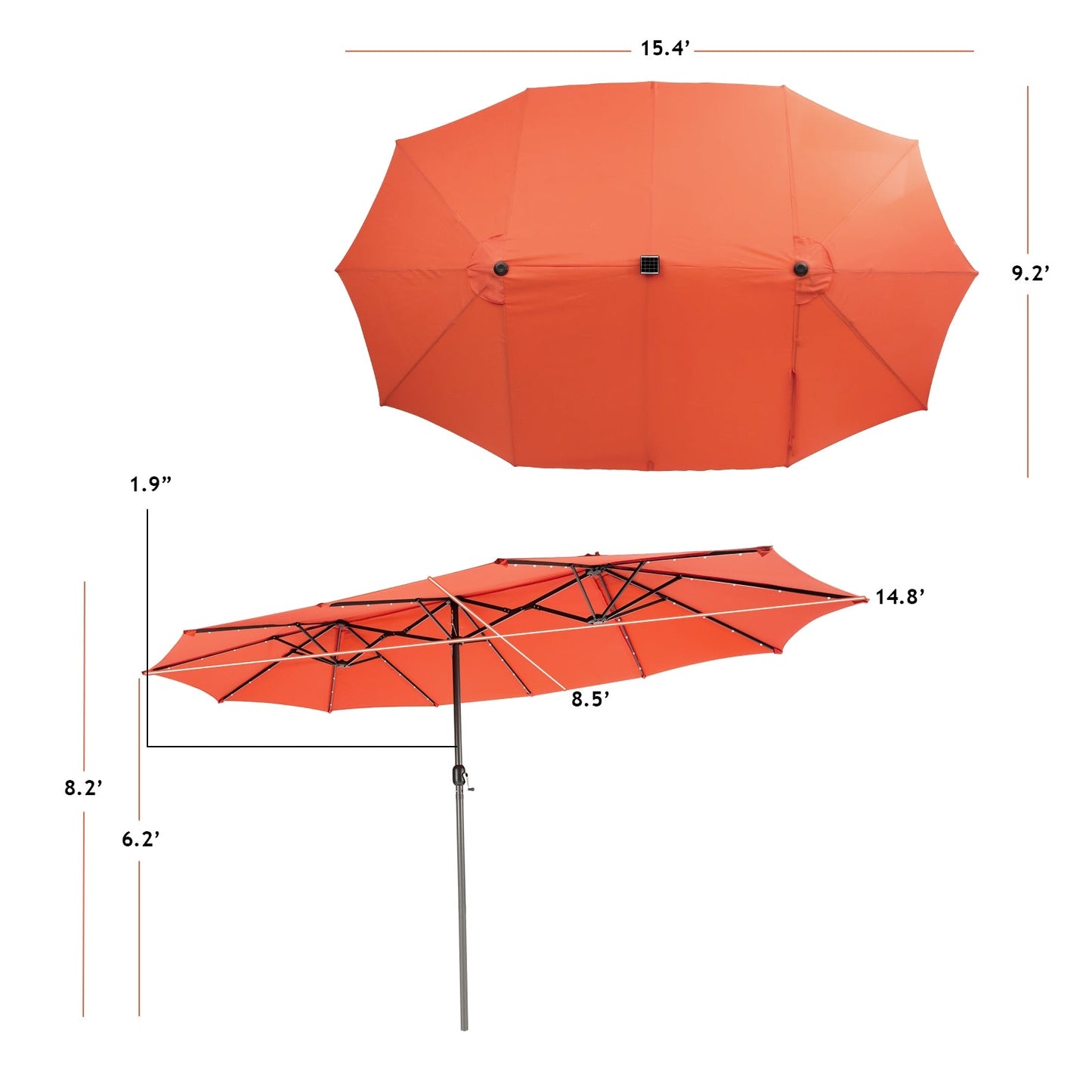 15 Feet Twin Patio Umbrella with 48 Solar LED Lights, Orange Outdoor Umbrellas   at Gallery Canada