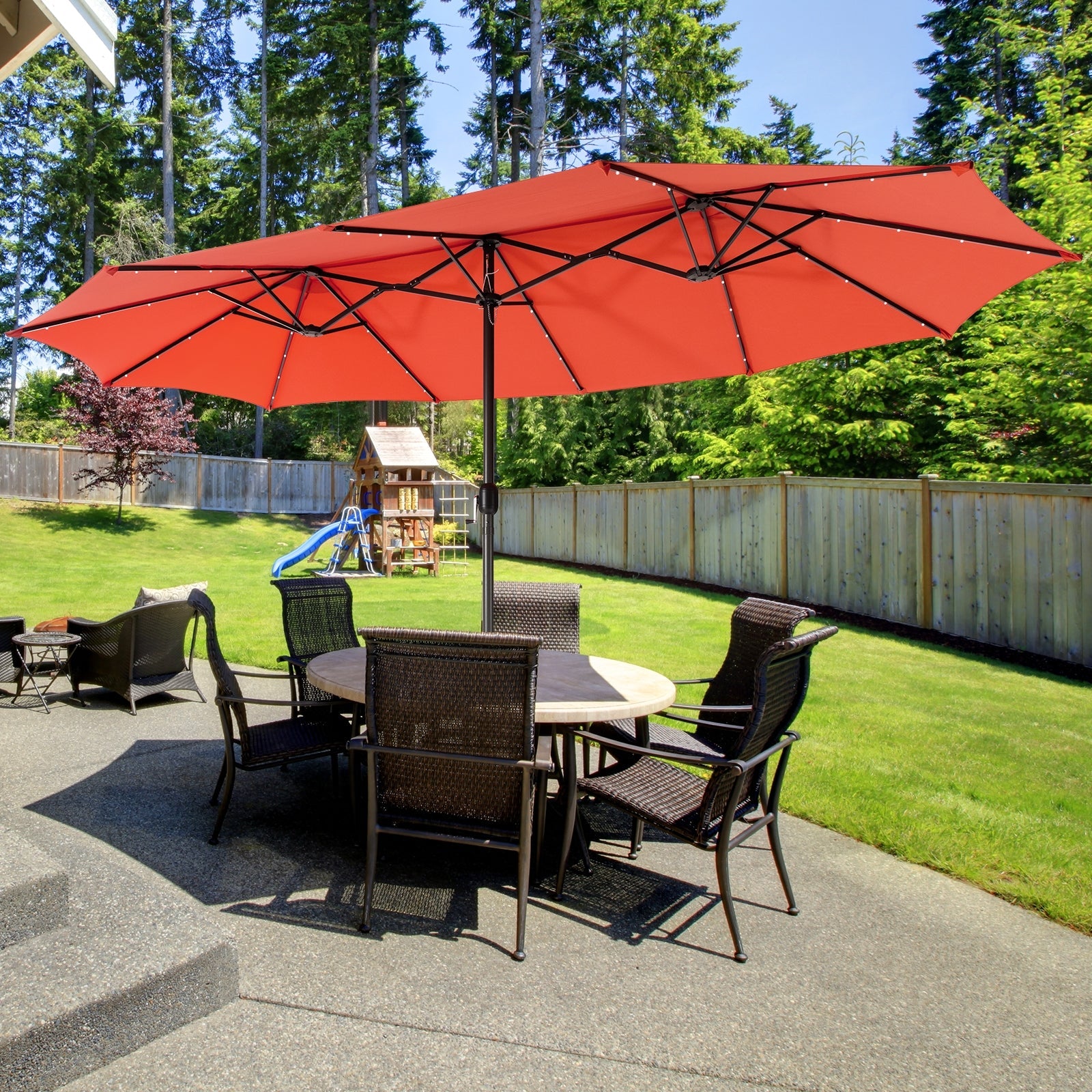 15 Feet Twin Patio Umbrella with 48 Solar LED Lights, Orange Outdoor Umbrellas   at Gallery Canada