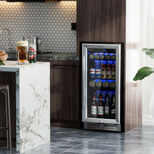 15 Inch 100 Can Built-in Freestanding Beverage Cooler Refrigerator with Adjustable Temperature and Shelf, Silver Wine & Beverage Coolers   at Gallery Canada