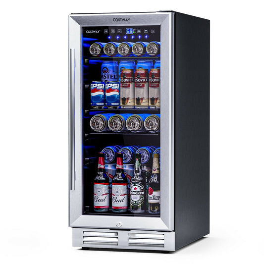 15 Inch 100 Can Built-in Freestanding Beverage Cooler Refrigerator with Adjustable Temperature and Shelf, Silver Wine & Beverage Coolers   at Gallery Canada