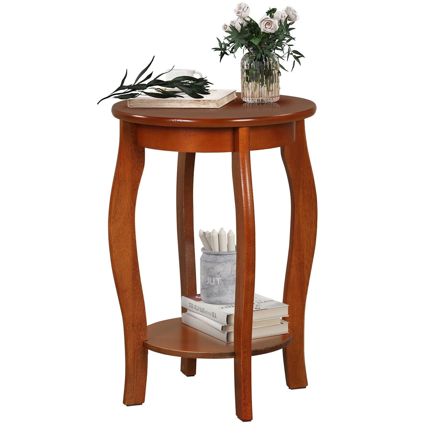 15 Inch 2-Tier Round End Table with Storage Shelf, Walnut End & Side Tables   at Gallery Canada