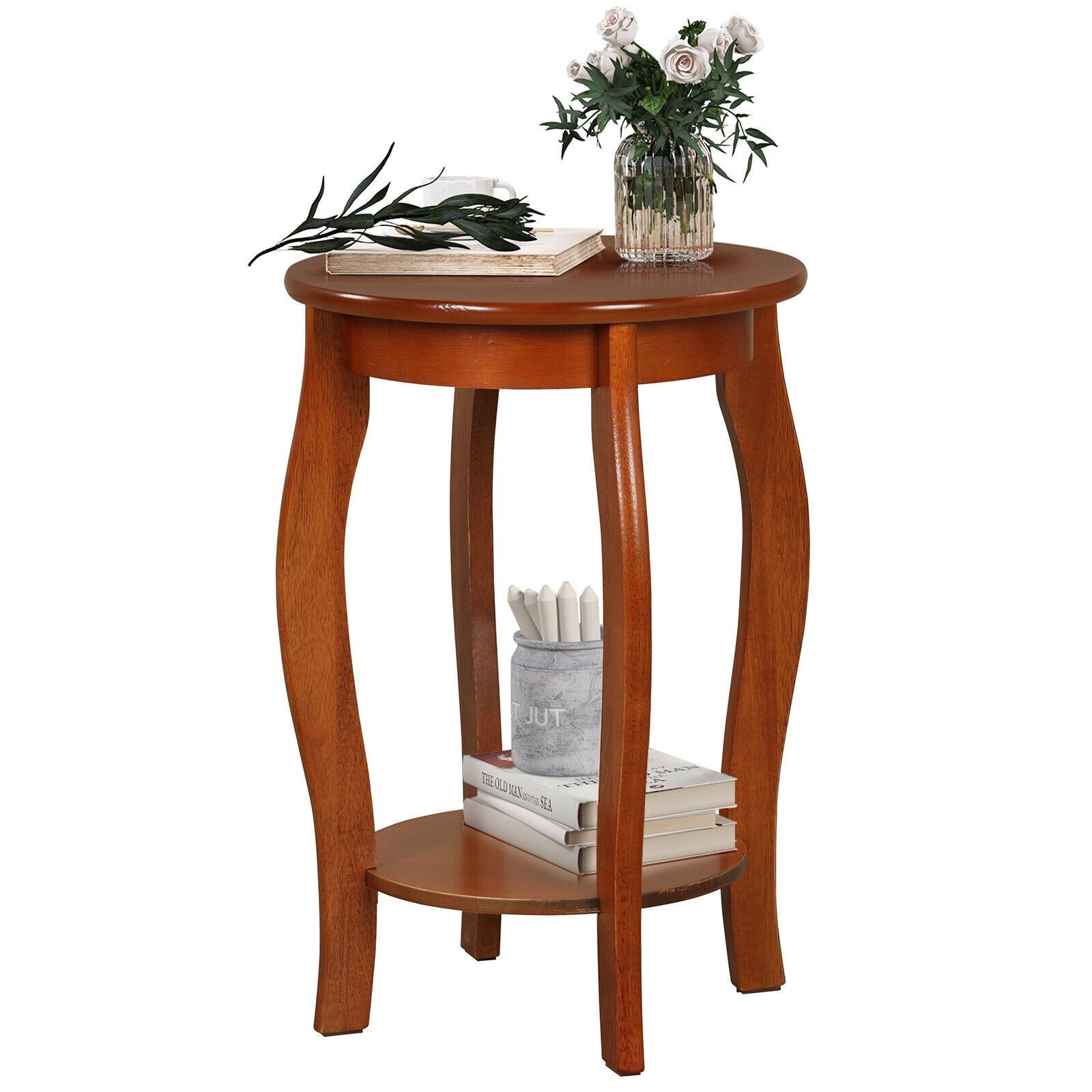 15 Inch 2-Tier Round End Table with Storage Shelf, Walnut End & Side Tables   at Gallery Canada