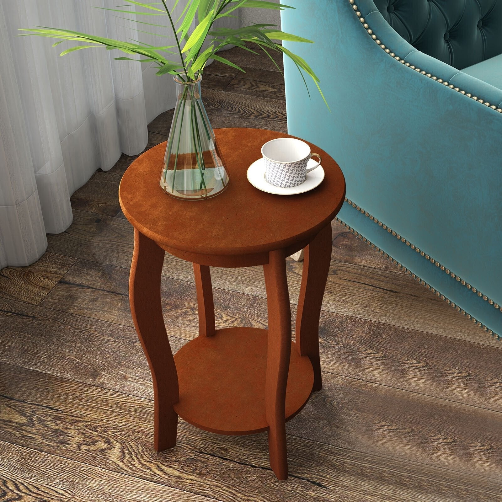 15 Inch 2-Tier Round End Table with Storage Shelf, Walnut End & Side Tables   at Gallery Canada