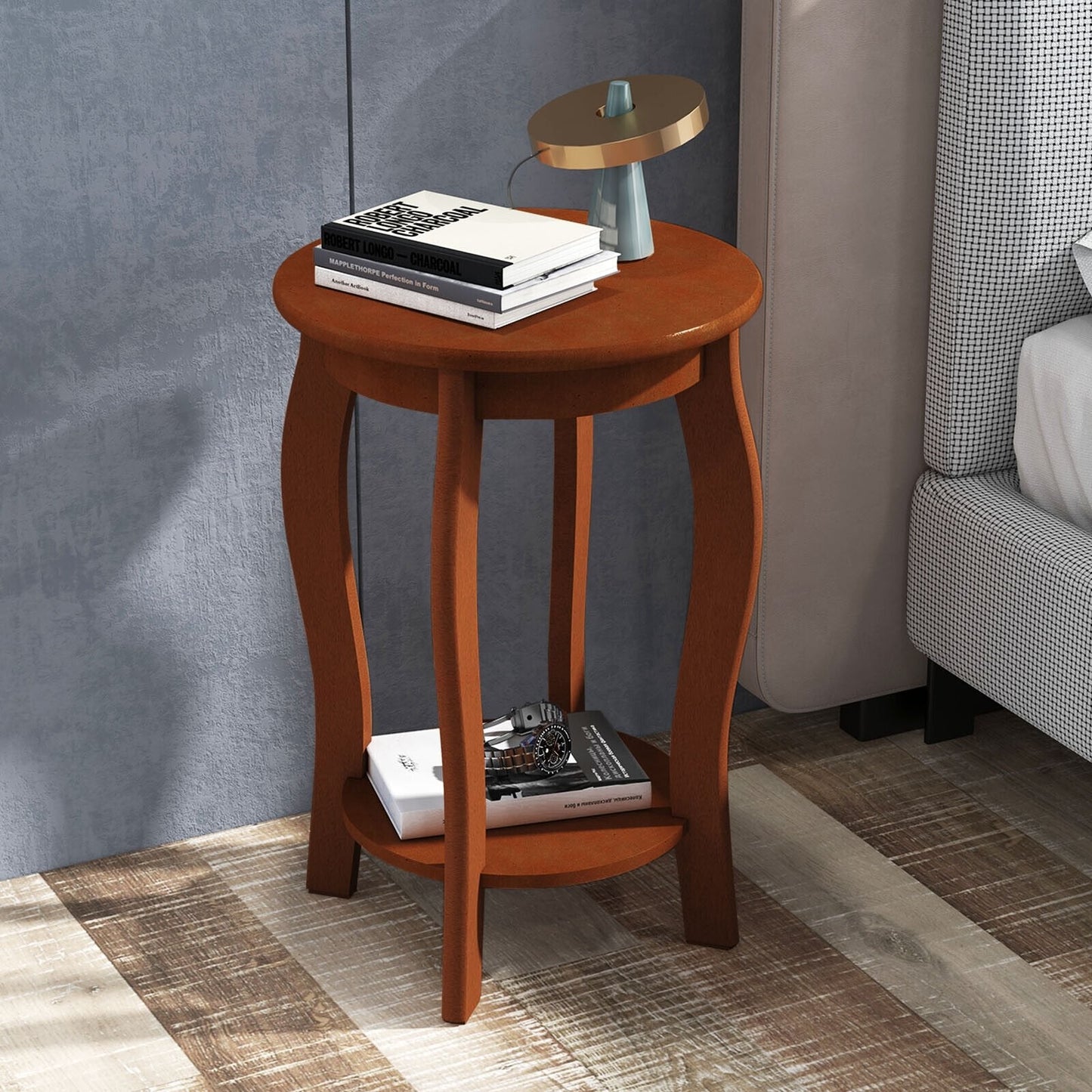 15 Inch 2-Tier Round End Table with Storage Shelf, Walnut End & Side Tables   at Gallery Canada