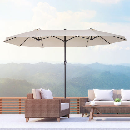 15' Outdoor Patio Umbrella with Twin Canopy Sunshade Steel Table Umbrella with Lift Crank Beige Sun Umbrellas   at Gallery Canada