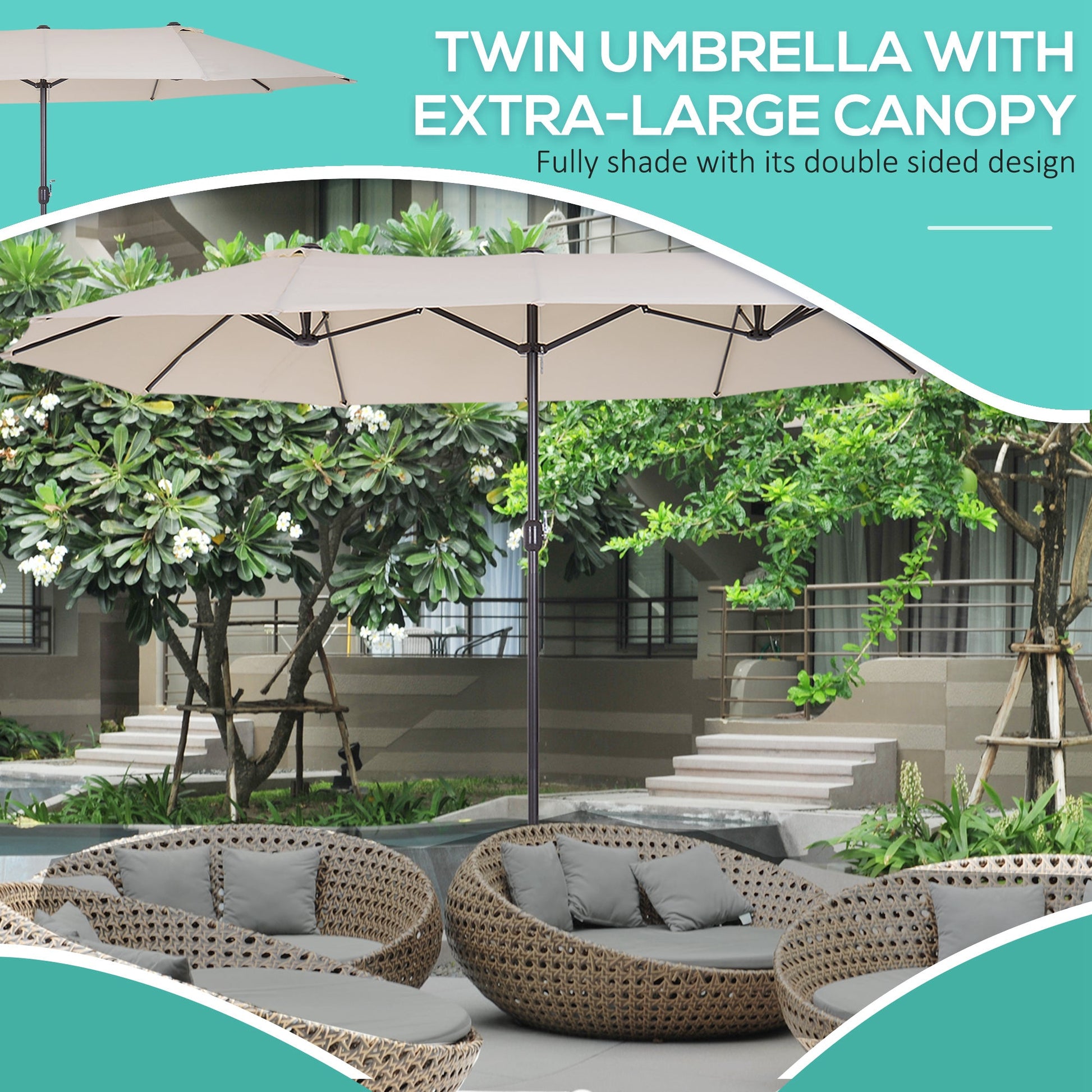 15' Outdoor Patio Umbrella with Twin Canopy Sunshade Steel Table Umbrella with Lift Crank Beige Sun Umbrellas   at Gallery Canada