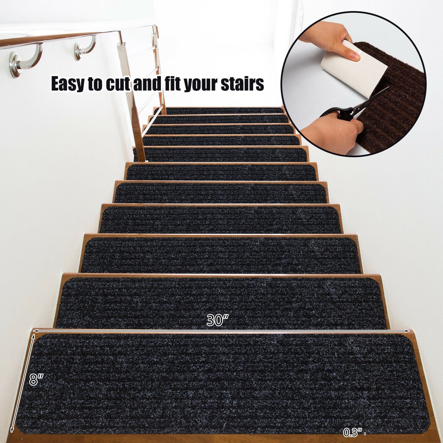 15 Pieces 30 x 8 Inch Slip Resistant Soft Stair Treads Carpet, Black Rugs   at Gallery Canada