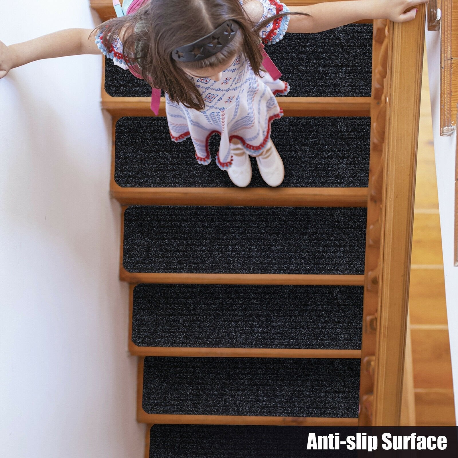 15 Pieces 30 x 8 Inch Slip Resistant Soft Stair Treads Carpet, Black Rugs   at Gallery Canada