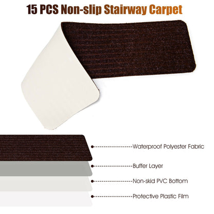 15 Pieces 30 x 8 Inch Slip Resistant Soft Stair Treads Carpet, Brown Rugs   at Gallery Canada