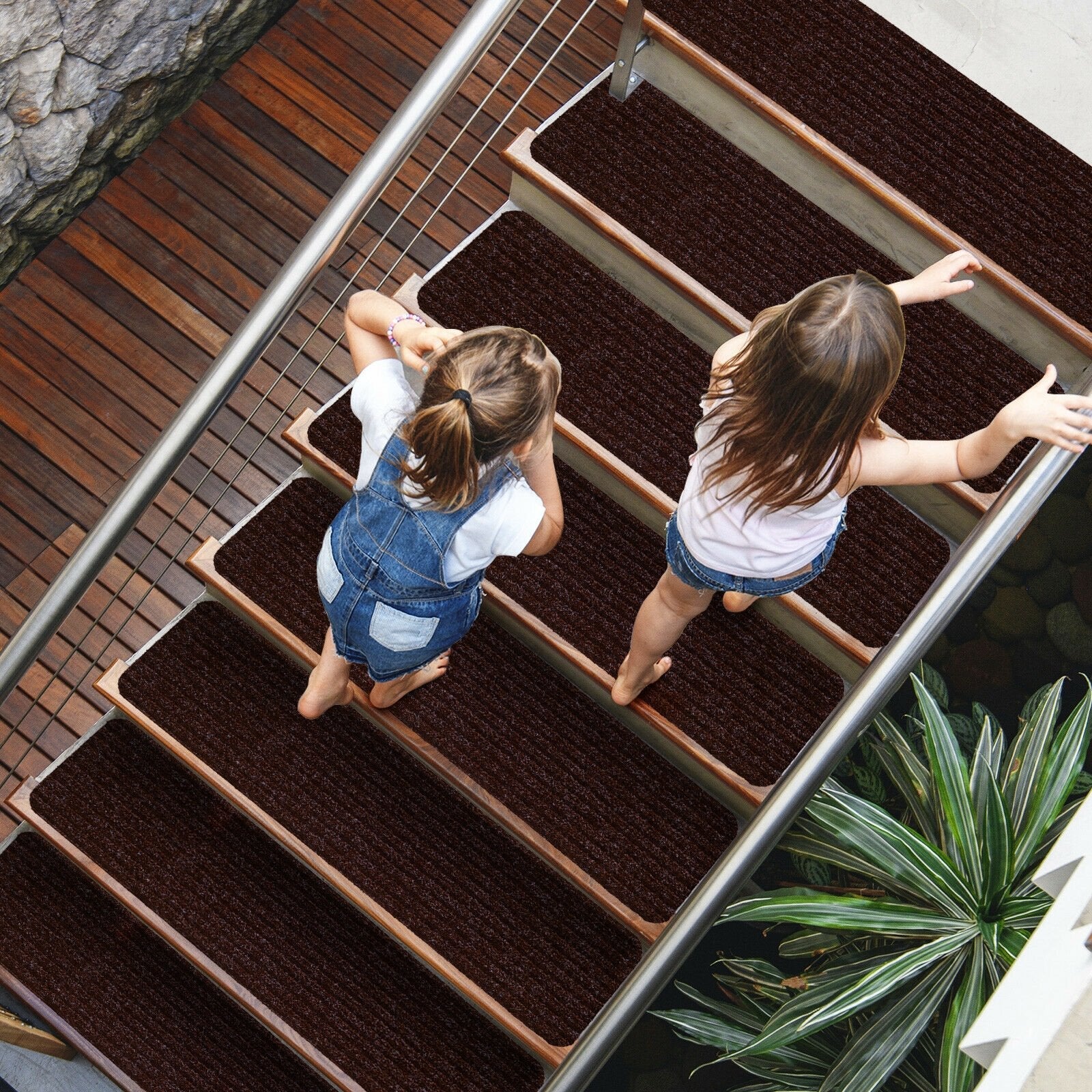 15 Pieces 30 x 8 Inch Slip Resistant Soft Stair Treads Carpet, Brown Rugs   at Gallery Canada