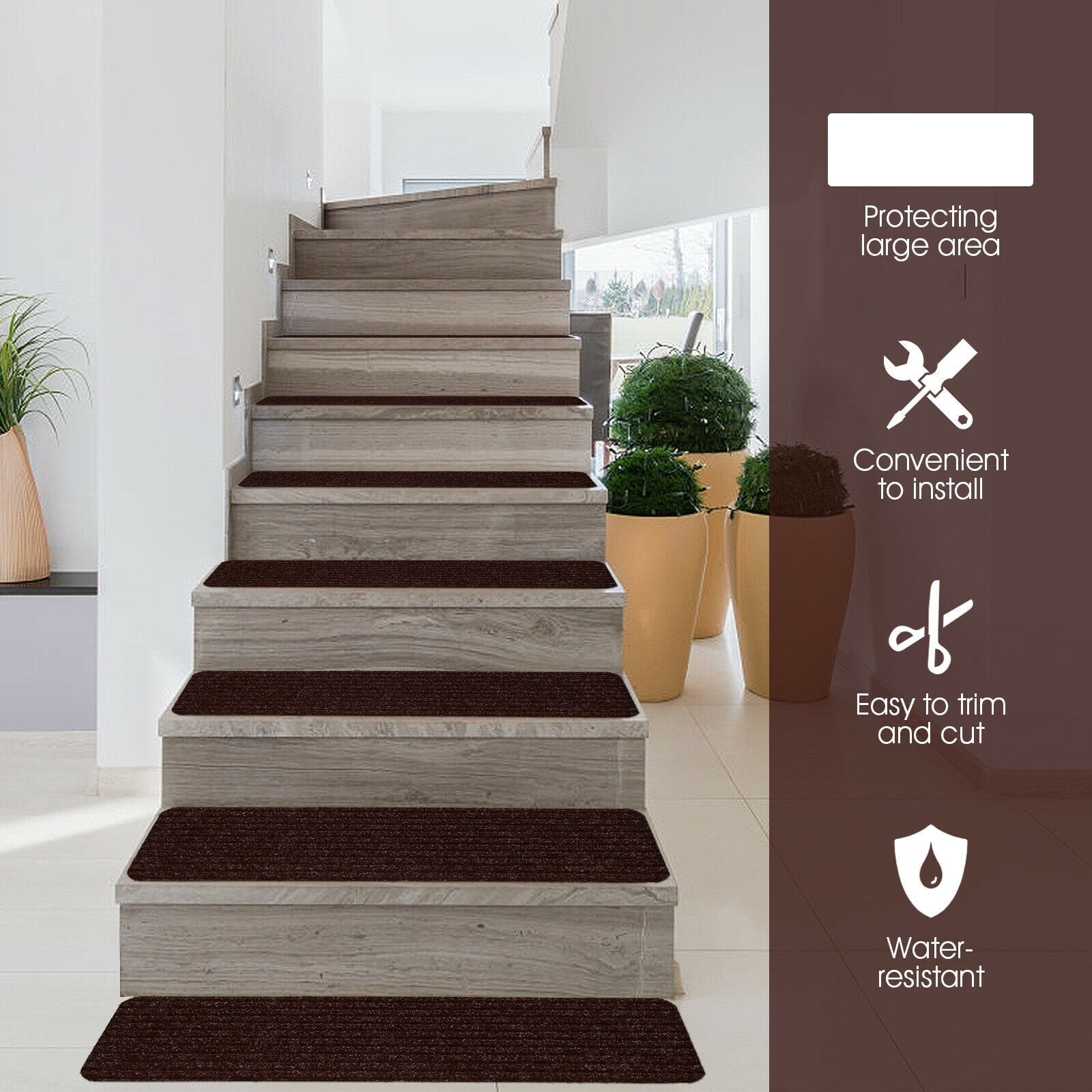 15 Pieces 30 x 8 Inch Slip Resistant Soft Stair Treads Carpet, Brown Rugs   at Gallery Canada