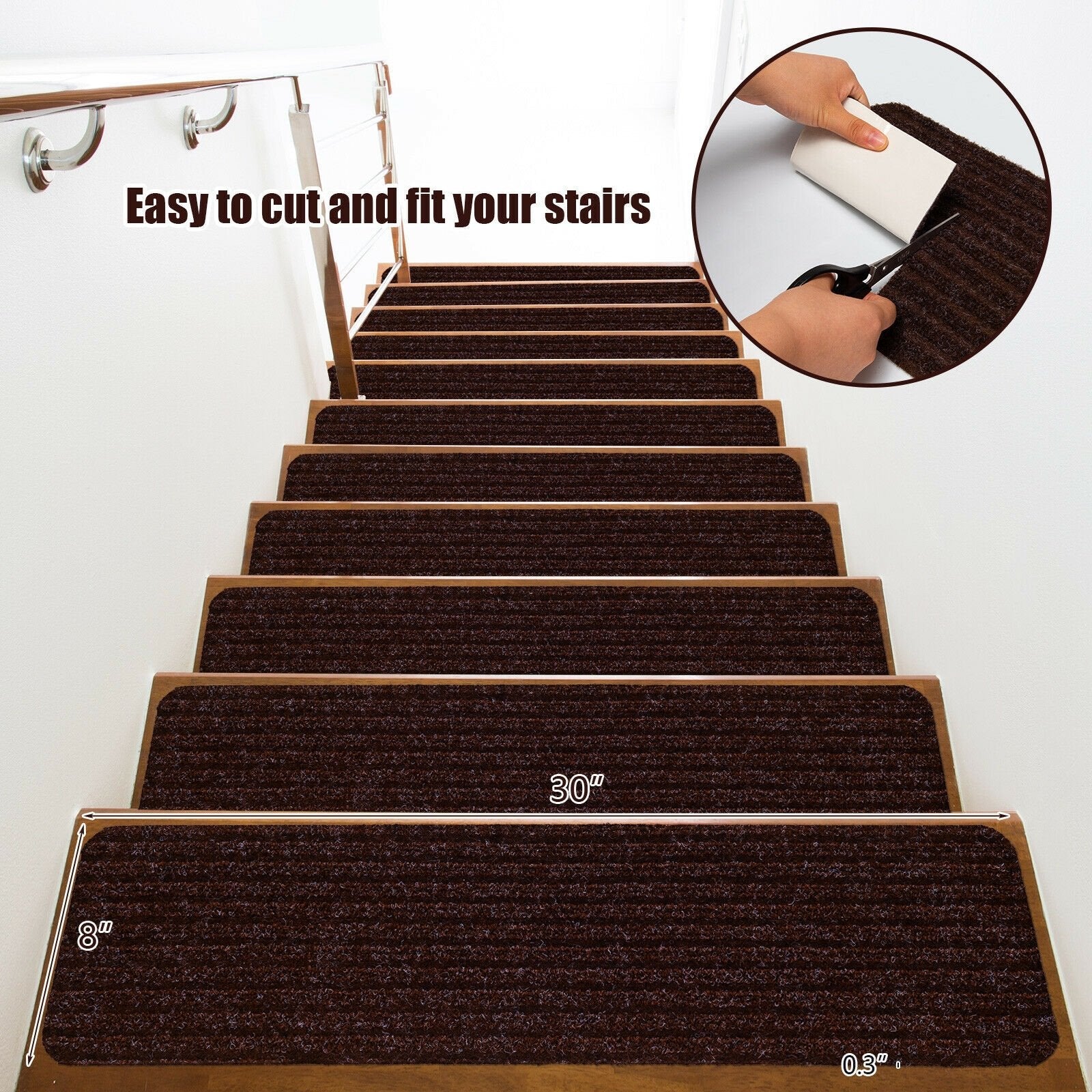 15 Pieces 30 x 8 Inch Slip Resistant Soft Stair Treads Carpet, Brown Rugs   at Gallery Canada