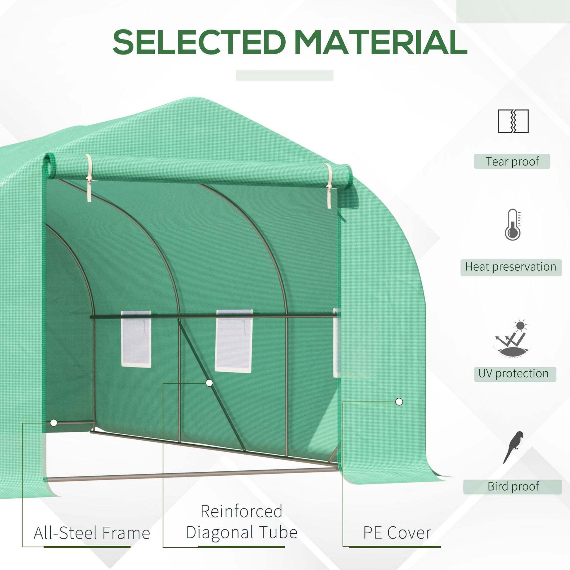 15' x 10' x 7' Walk-in Greenhouse Outdoor Plant Tunnel Warm Hot House w/ Roll Up Door and 6 Mesh Windows, Steel Frame, Green Walk In Greenhouses   at Gallery Canada