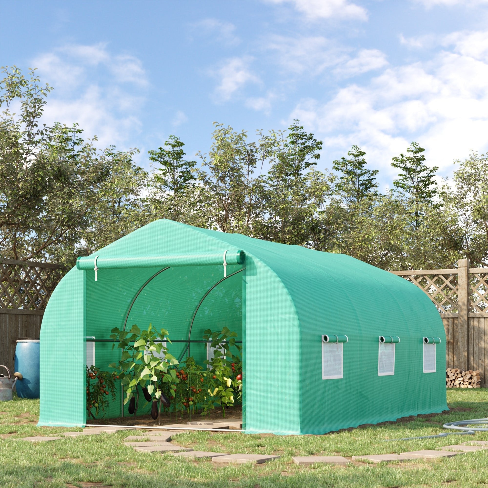 15' x 10' x 7' Walk-in Greenhouse Outdoor Plant Tunnel Warm Hot House w/ Roll Up Door and 6 Mesh Windows, Steel Frame, Green Walk In Greenhouses   at Gallery Canada