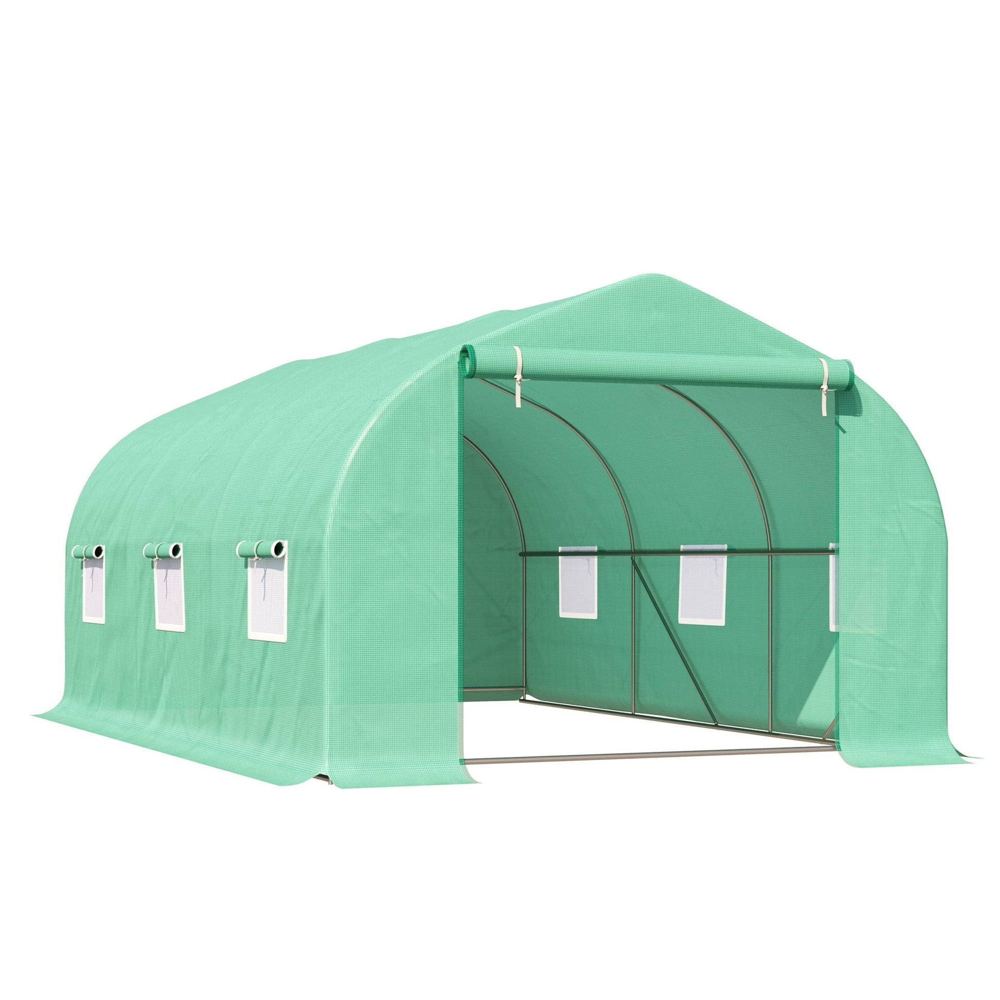 15' x 10' x 7' Walk-in Greenhouse Outdoor Plant Tunnel Warm Hot House w/ Roll Up Door and 6 Mesh Windows, Steel Frame, Green Walk In Greenhouses Deep Green  at Gallery Canada