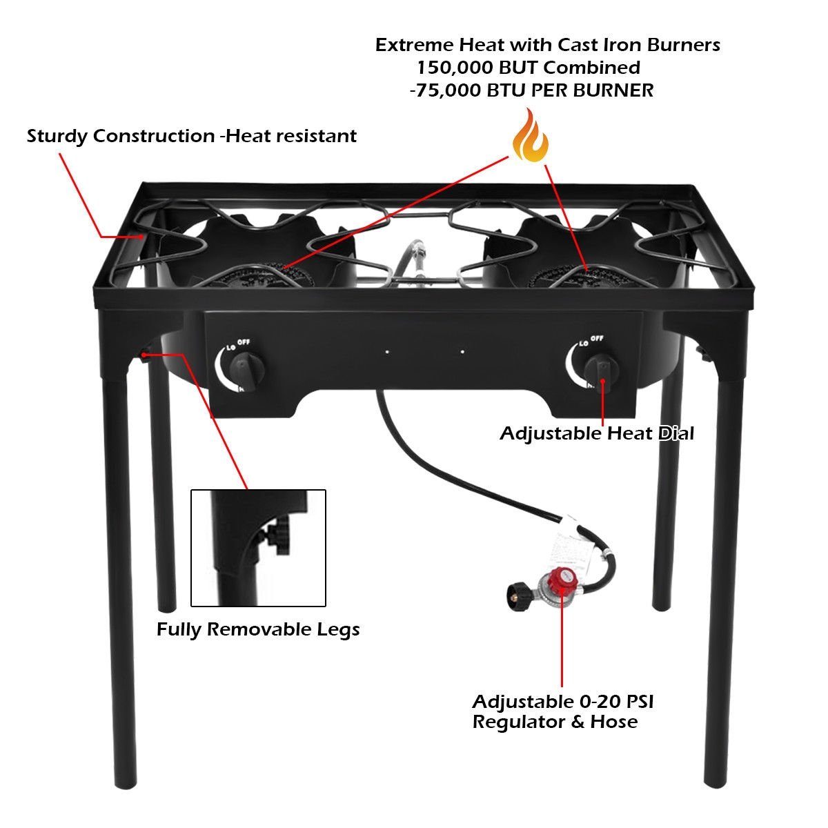 150 000 BTU Double Burner Outdoor Stove BBQ Grill, Black Outdoor Grills   at Gallery Canada