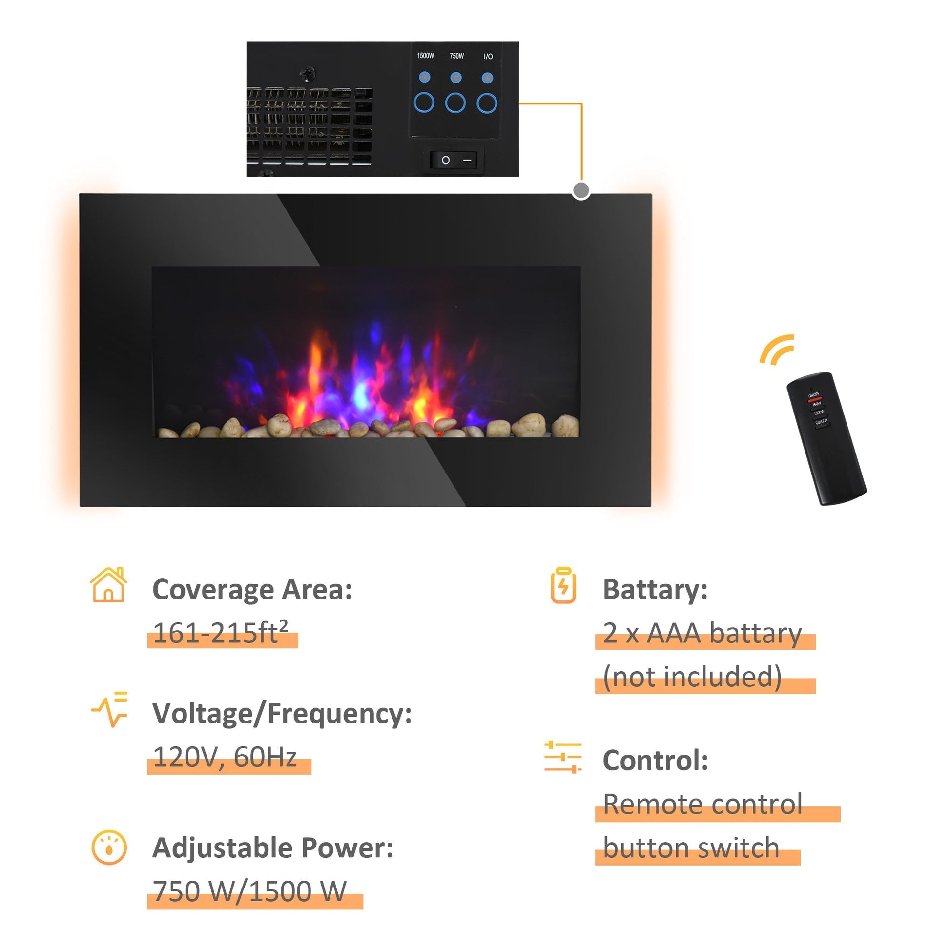 1500W Electric Fireplace Heater Wall Mounted With Remote Control LED Flame 7 Color Electric Fireplaces   at Gallery Canada