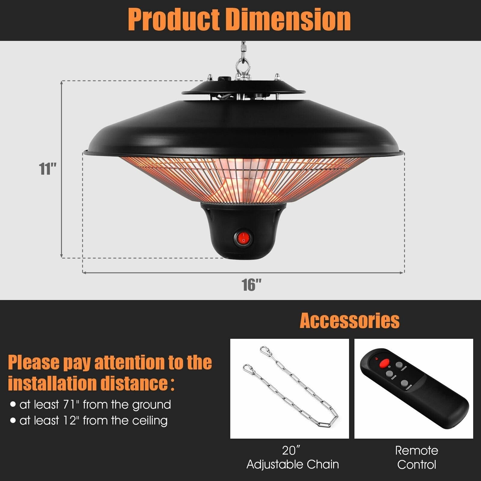 1500W Electric Hanging Ceiling Mounted Infrared Heater with Remote Control, Black Space Heaters   at Gallery Canada