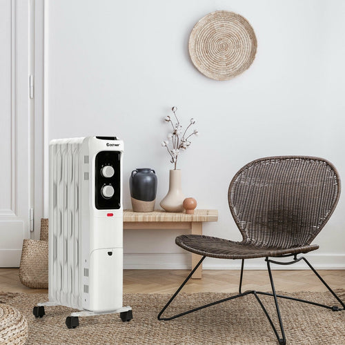 1500W Oil Filled Portable Radiator Space Heater with Adjustable Thermostat, White