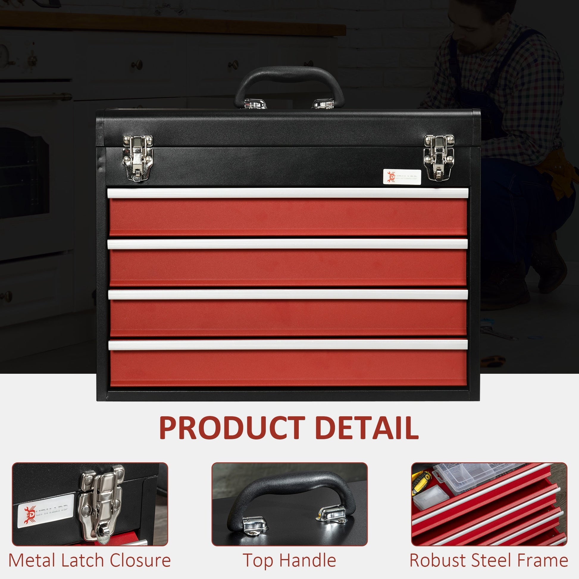 15.6" Tall Portable Metal Tool Box with Metal Latch Closure, 4 Drawer Tool Chest with Ball-bearing Slider for Garage, Household and Warehouse, Red Tool Organizers   at Gallery Canada