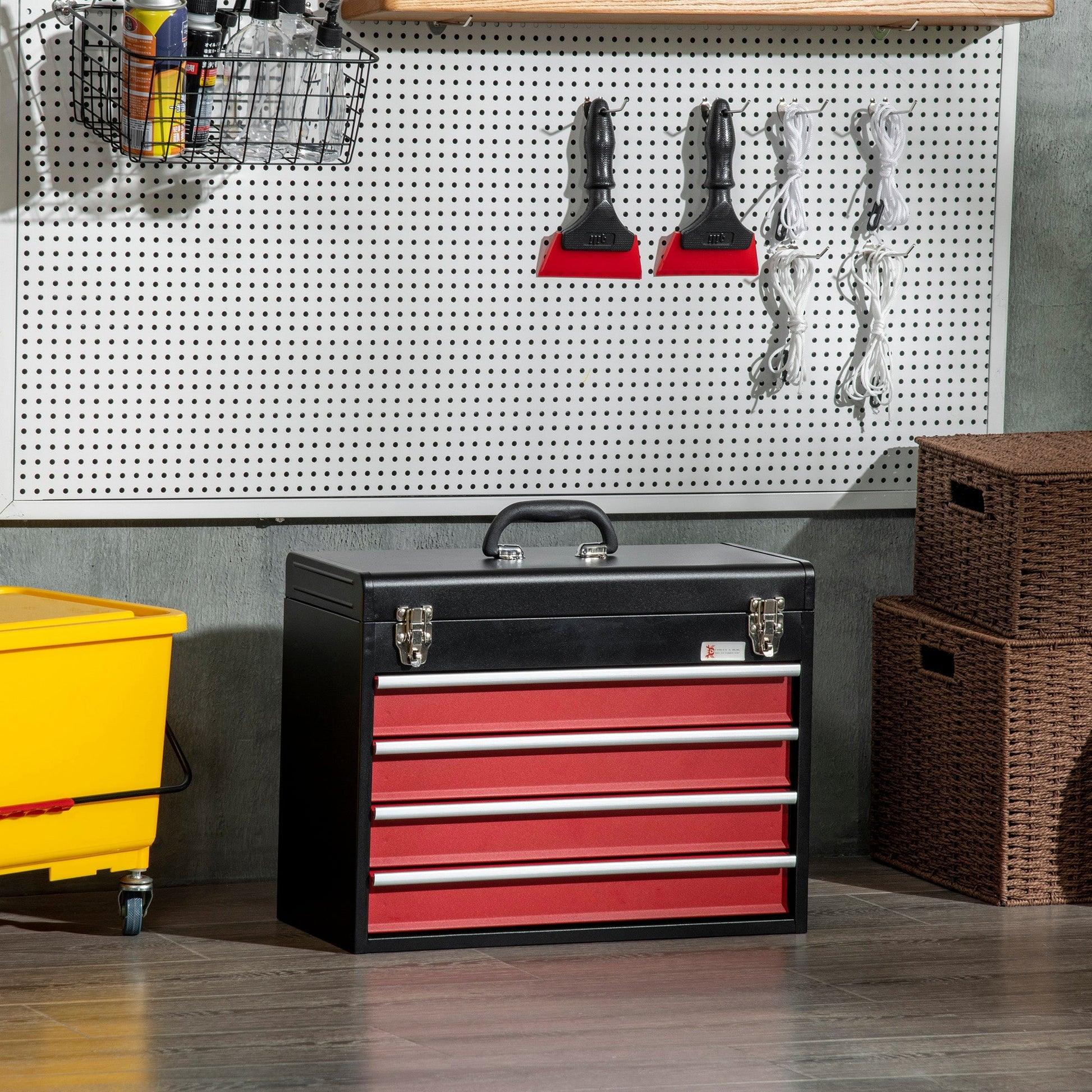 15.6" Tall Portable Metal Tool Box with Metal Latch Closure, 4 Drawer Tool Chest with Ball-bearing Slider for Garage, Household and Warehouse, Red Tool Organizers   at Gallery Canada