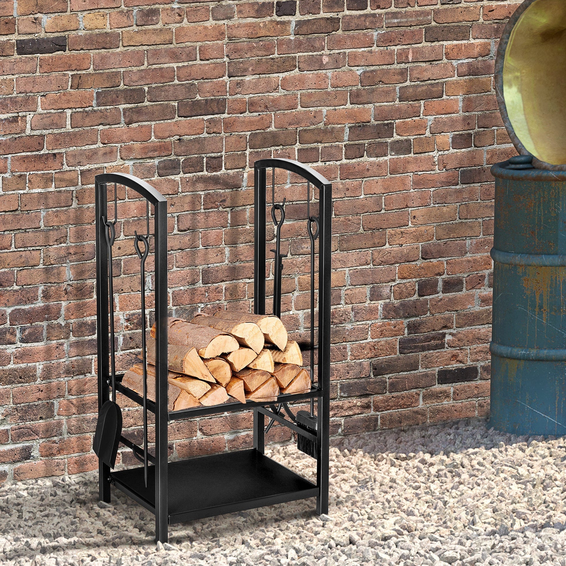 16" 2-Tier Firewood Log Rack with 4 Tools, Fireplace Wood Storage Holder with Shovel, Broom, Poker, Tongs and Hooks, Black Firewood Racks   at Gallery Canada