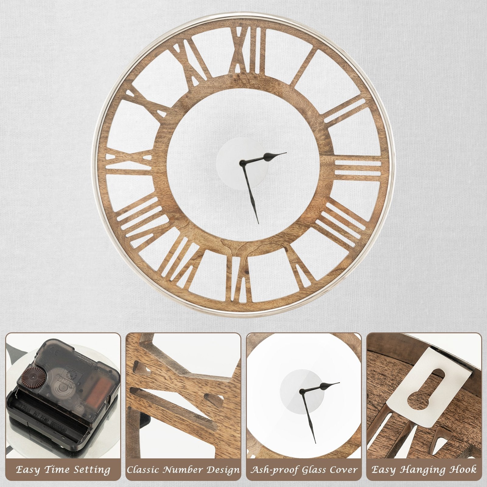 16 / 20 Inch Silent Wall Clock with Classic Frame and Classic Roman Number-16 Inch, Natural Decorative Accessories   at Gallery Canada