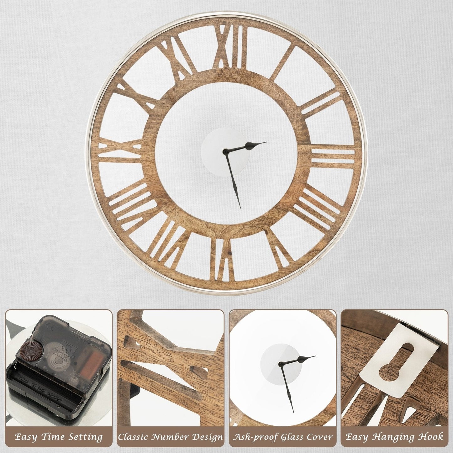 16 / 20 Inch Silent Wall Clock with Classic Frame and Classic Roman Number-20 Inch, Natural Decorative Accessories   at Gallery Canada