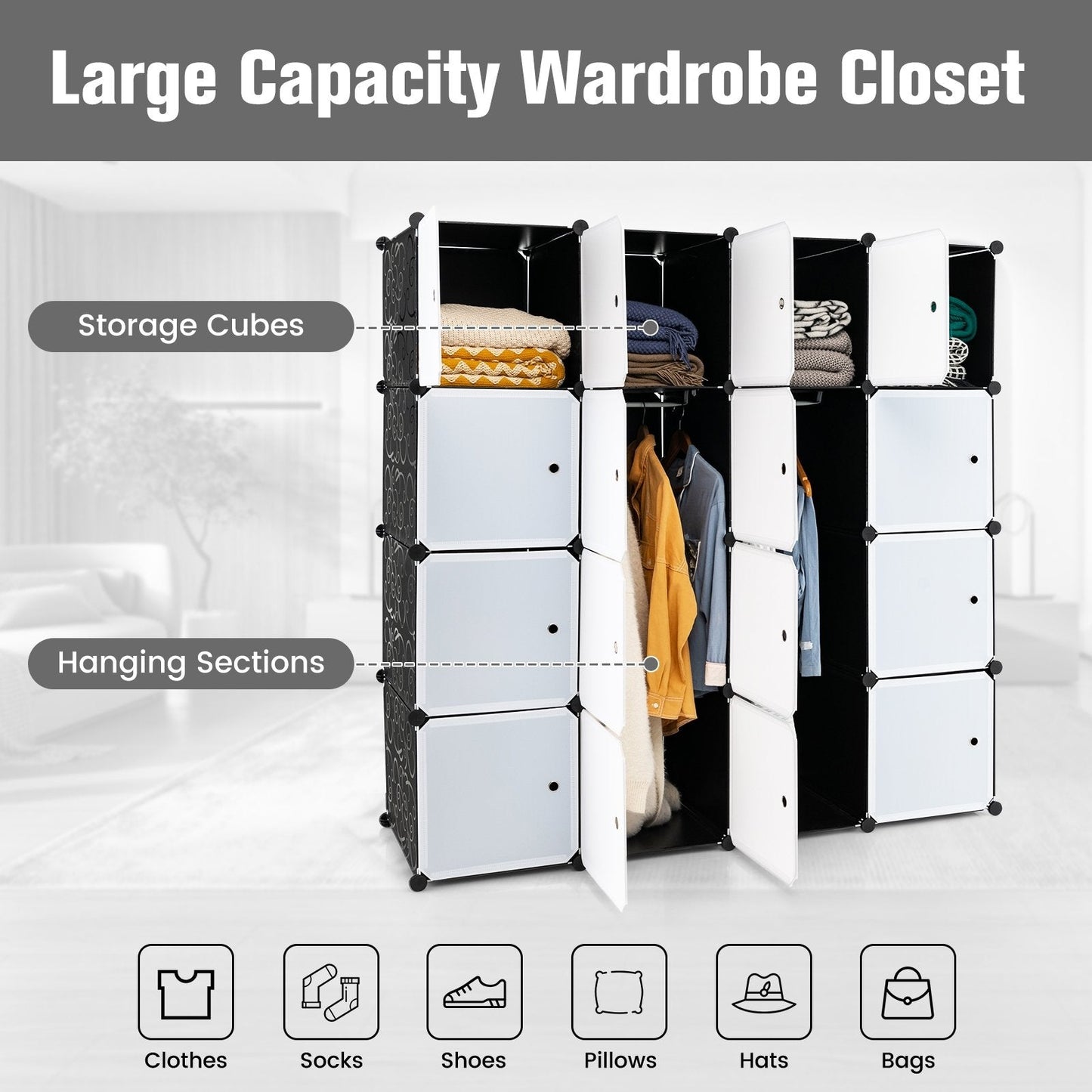 16-Cube Storage Organizer with 16 Doors and 2 Hanging Rods, Black Clothing & Closet Storage   at Gallery Canada