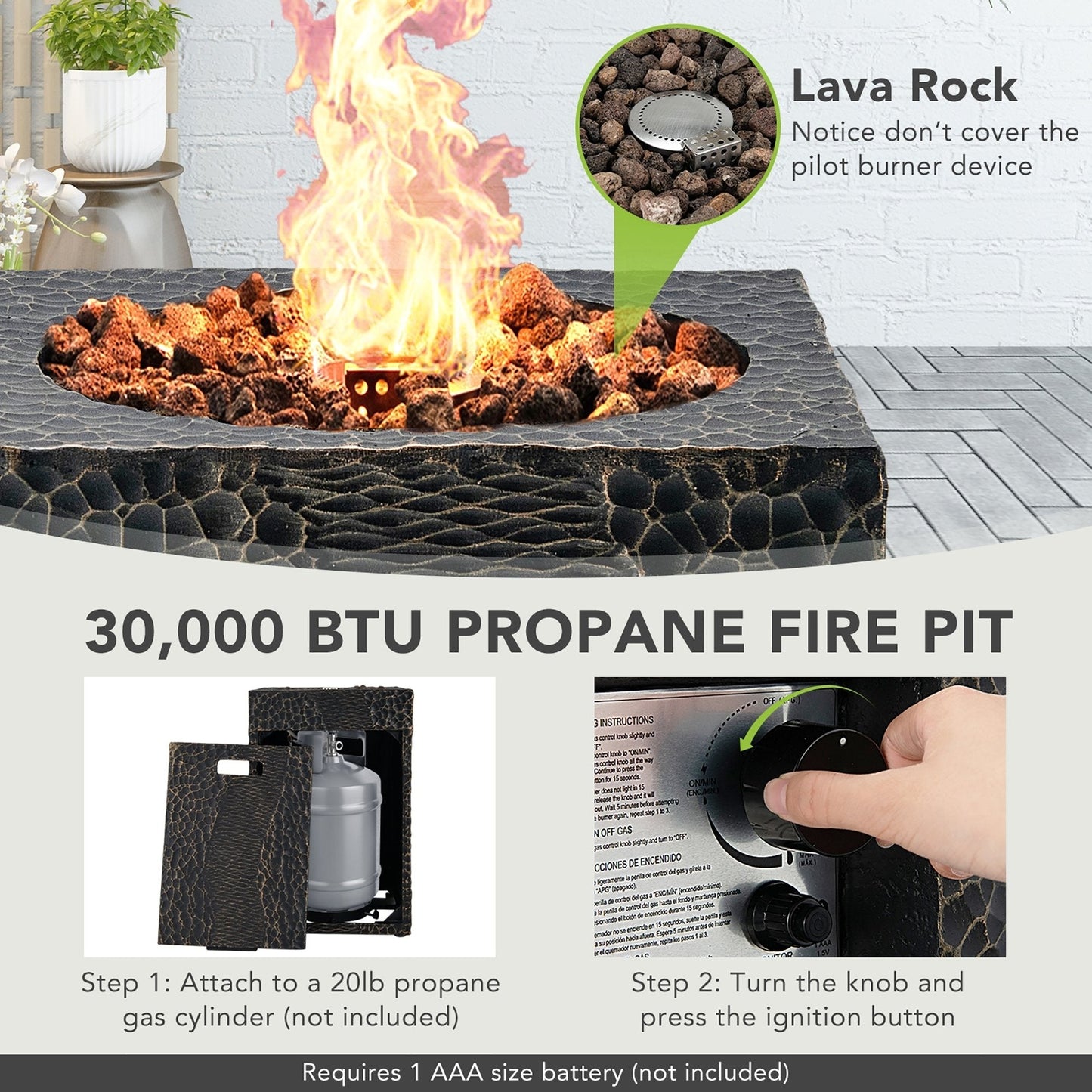 16 Feet Square Outdoor Propane Fire Pit with Lava Rocks Waterproof Cover 30 000 BTU, Black Fire Pits   at Gallery Canada