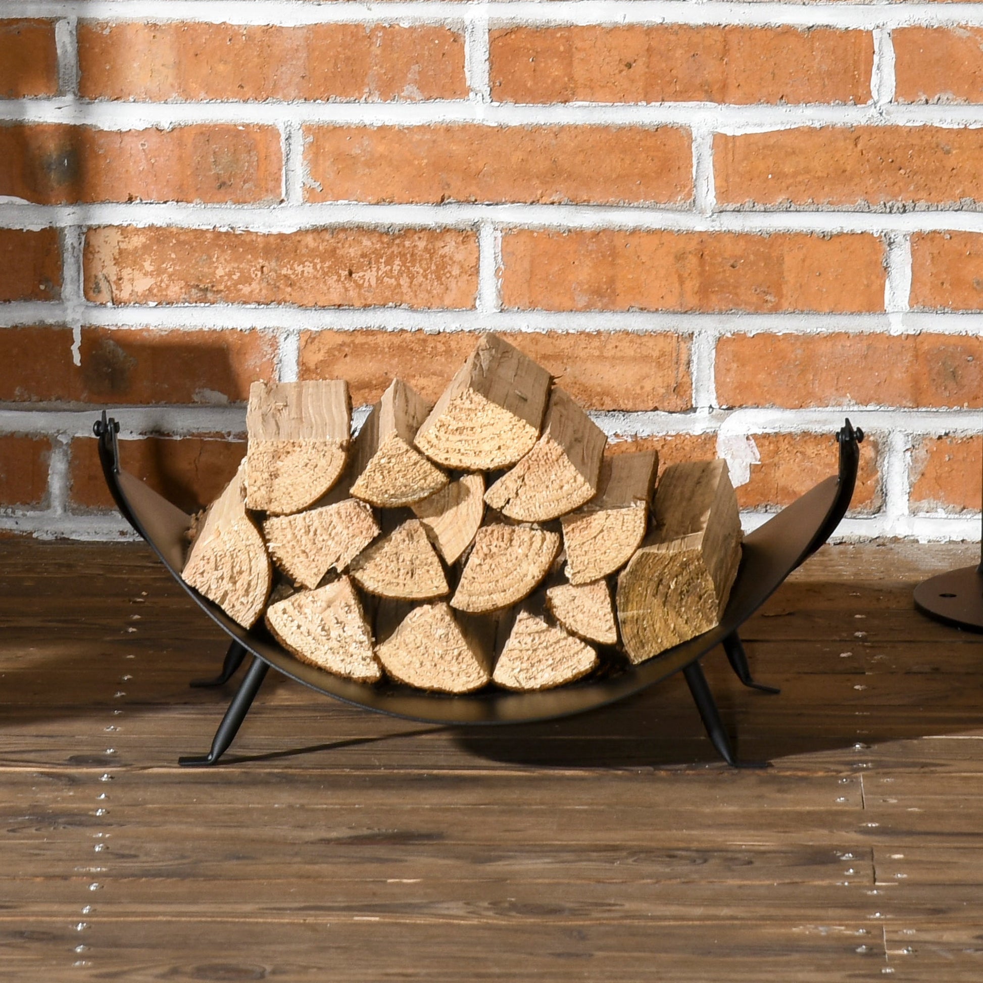 16" Firewood Log Rack Curved Fireplace Log Holder Wood Storage Basket Carrier with Handle, for Outdoor and Indoor Use, Black Firewood Racks   at Gallery Canada