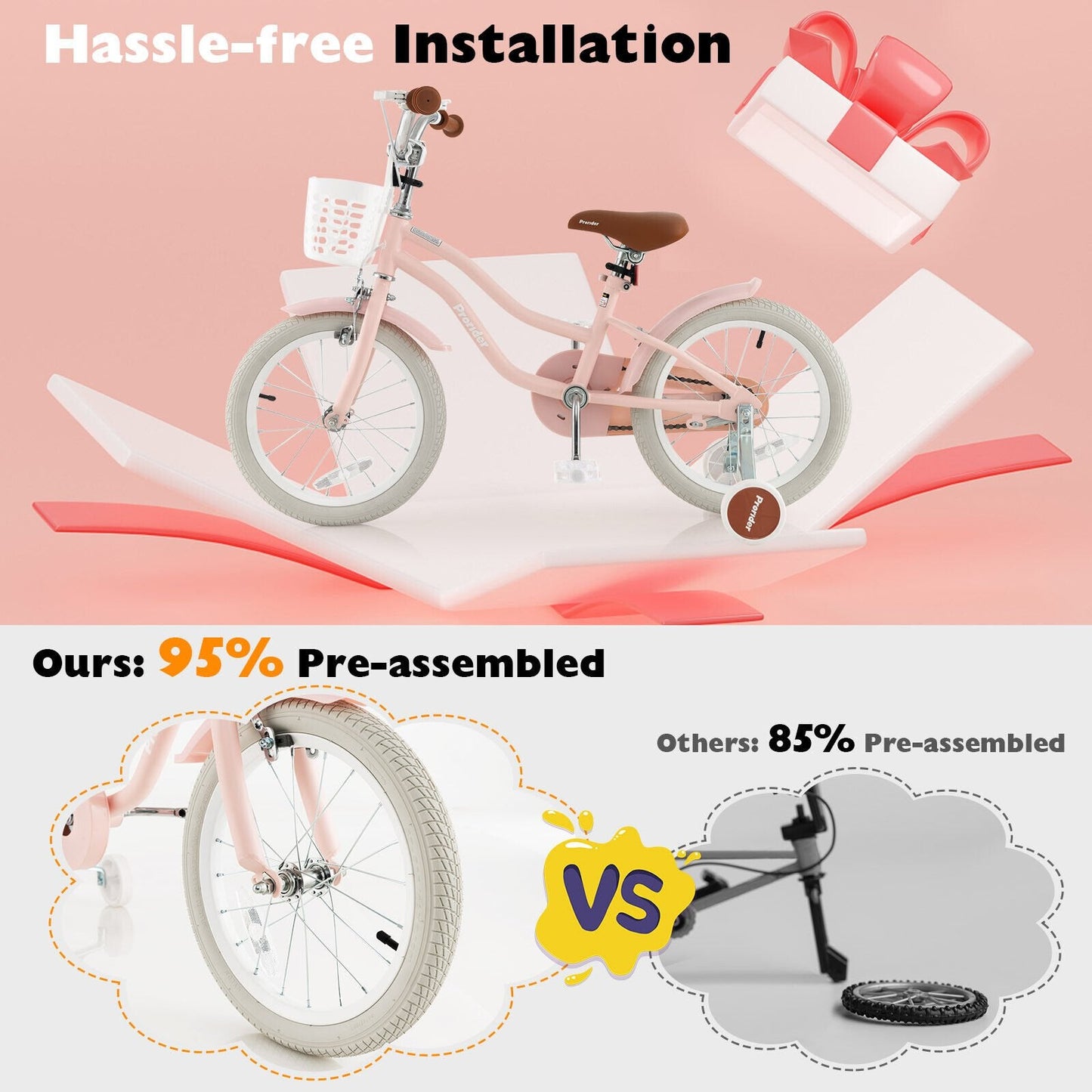 16 Inch Kids Bike with Front Handbrake and 2 Training Wheels, Pink Kids Bike   at Gallery Canada