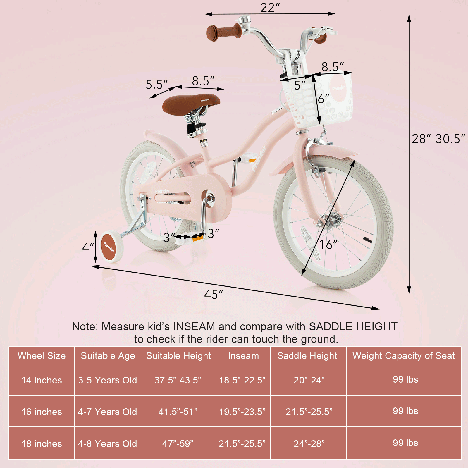 16 Inch Kids Bike with Front Handbrake and 2 Training Wheels, Pink Kids Bike   at Gallery Canada