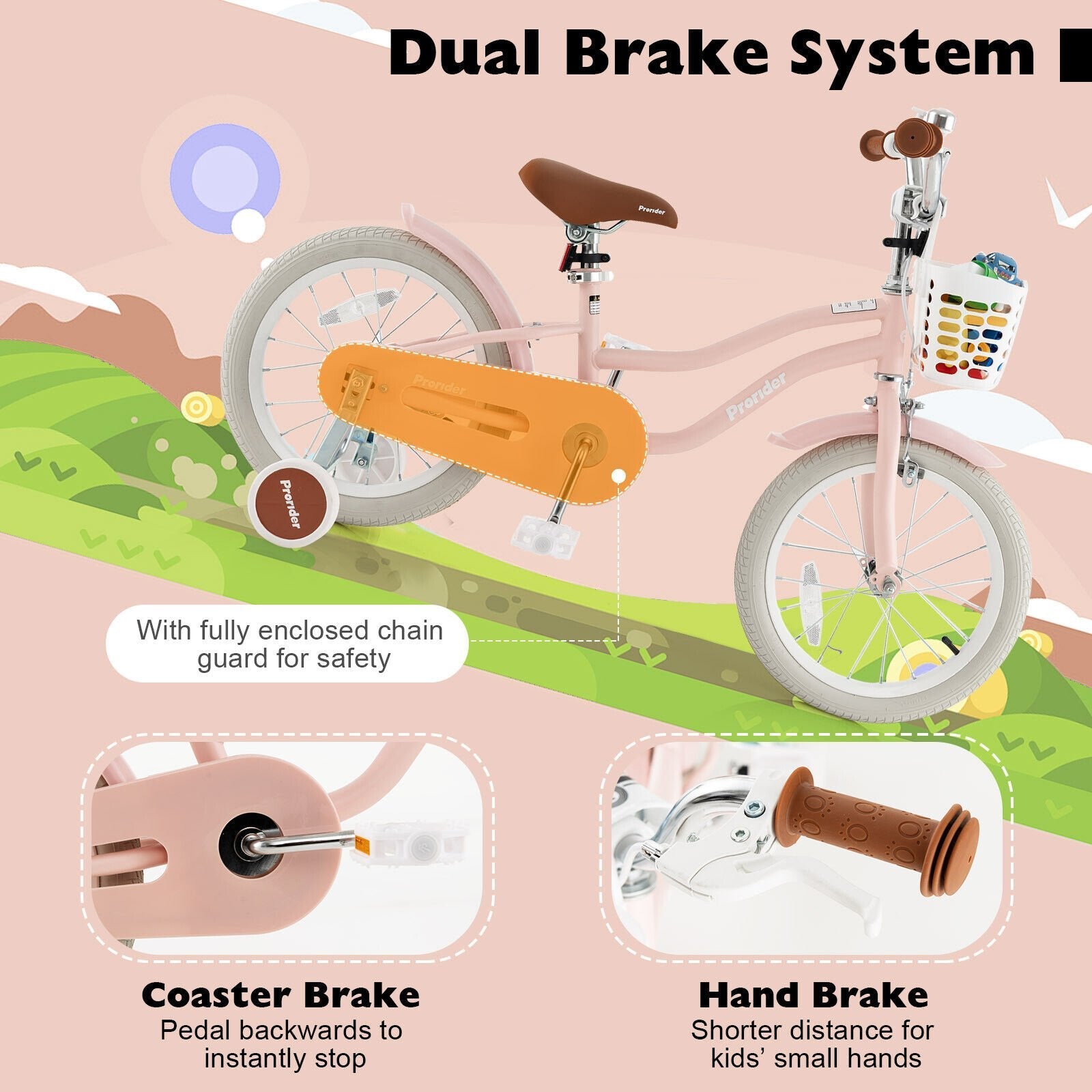 16 Inch Kids Bike with Front Handbrake and 2 Training Wheels, Pink Kids Bike   at Gallery Canada