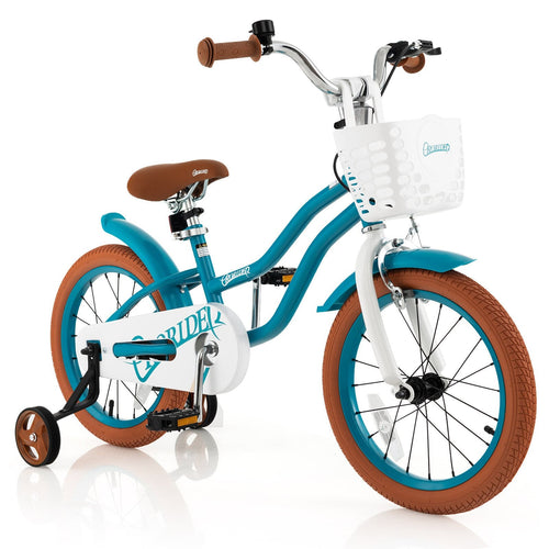 16 Inch Kids Bike with Front Handbrake and 2 Training Wheels, Turquoise