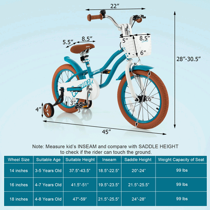 16 Inch Kids Bike with Front Handbrake and 2 Training Wheels, Turquoise Kids Bike   at Gallery Canada